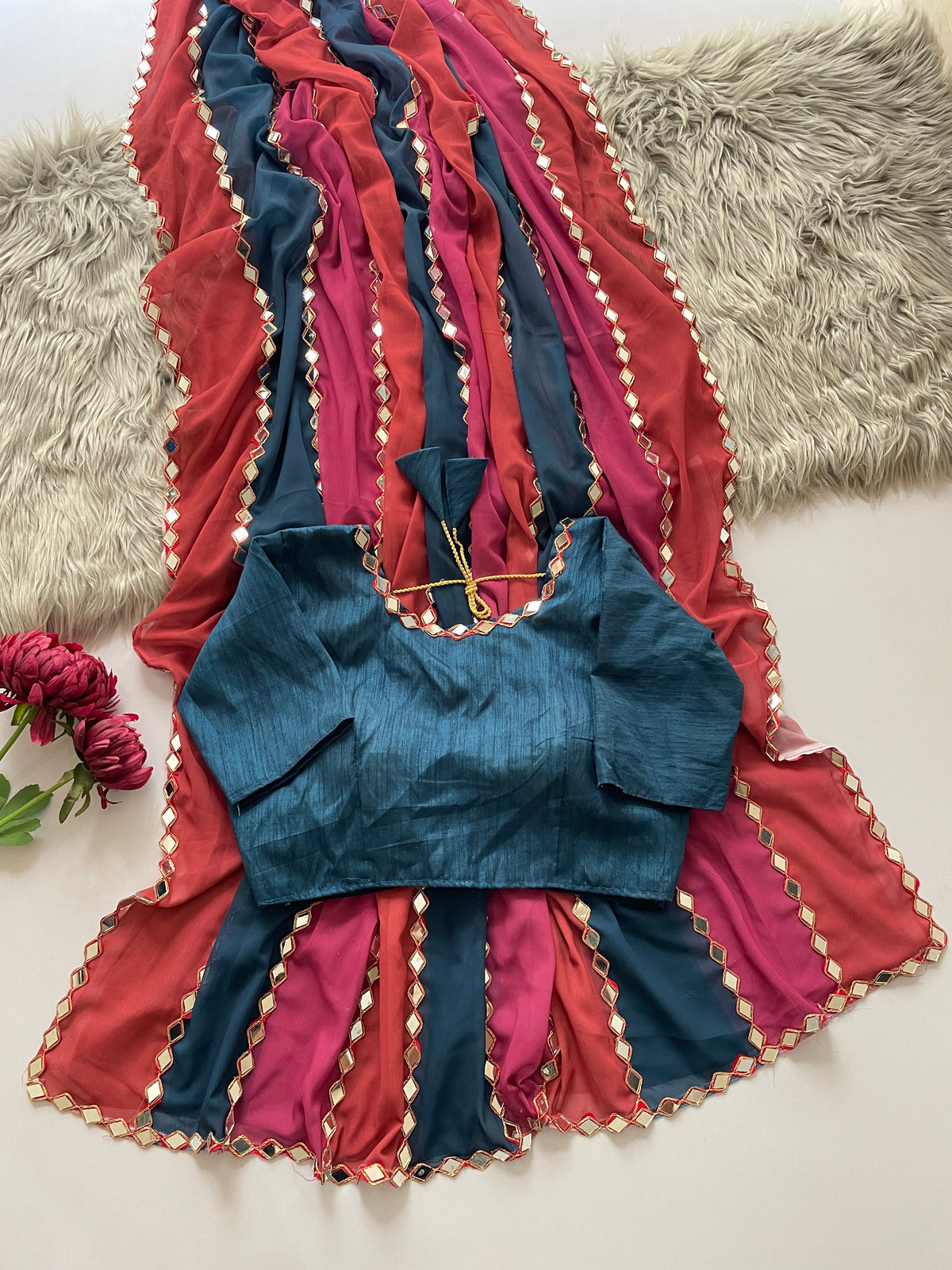 Splendorous Party Wear Multi Colour Faux Georgette Embroidery Lace With Original Mirror Work Fancy Designer Saree With Unstitched Blouse
