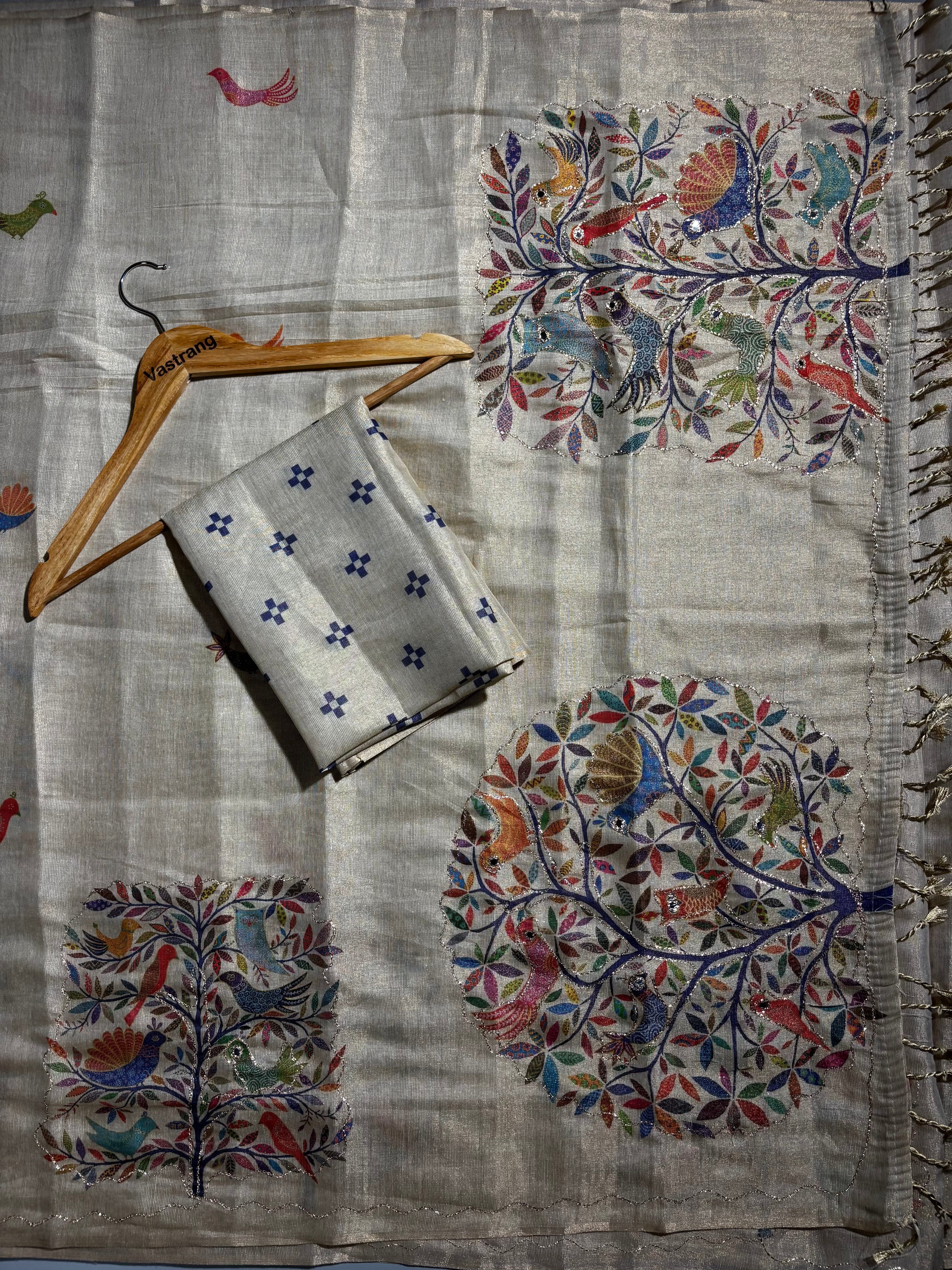 Opulent Party Wear Tissue Silk Kalamkari Print Embroidery Work Designer Saree For Occasion