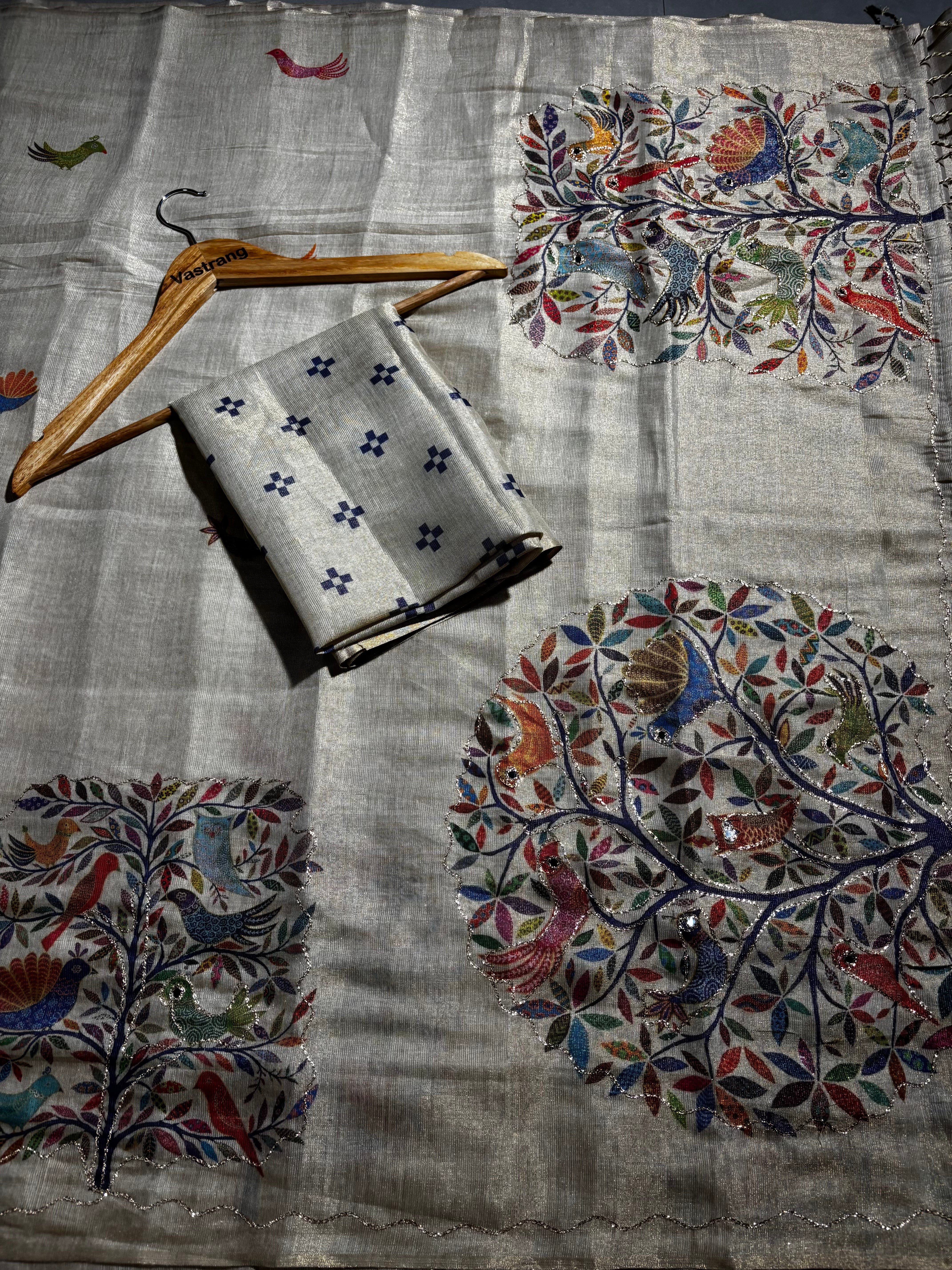 Opulent Party Wear Tissue Silk Kalamkari Print Embroidery Work Designer Saree For Occasion
