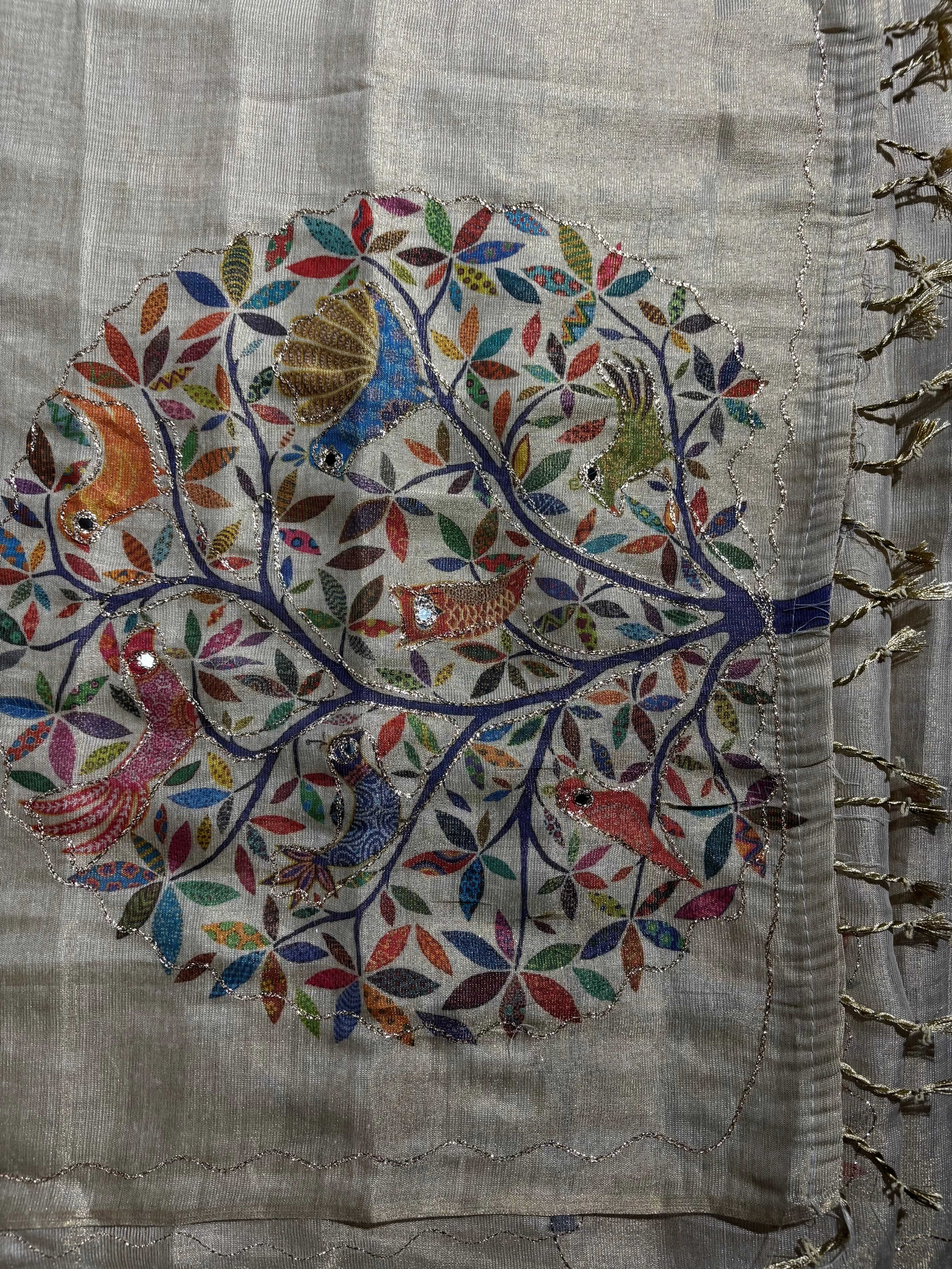 Opulent Party Wear Tissue Silk Kalamkari Print Embroidery Work Designer Saree For Occasion