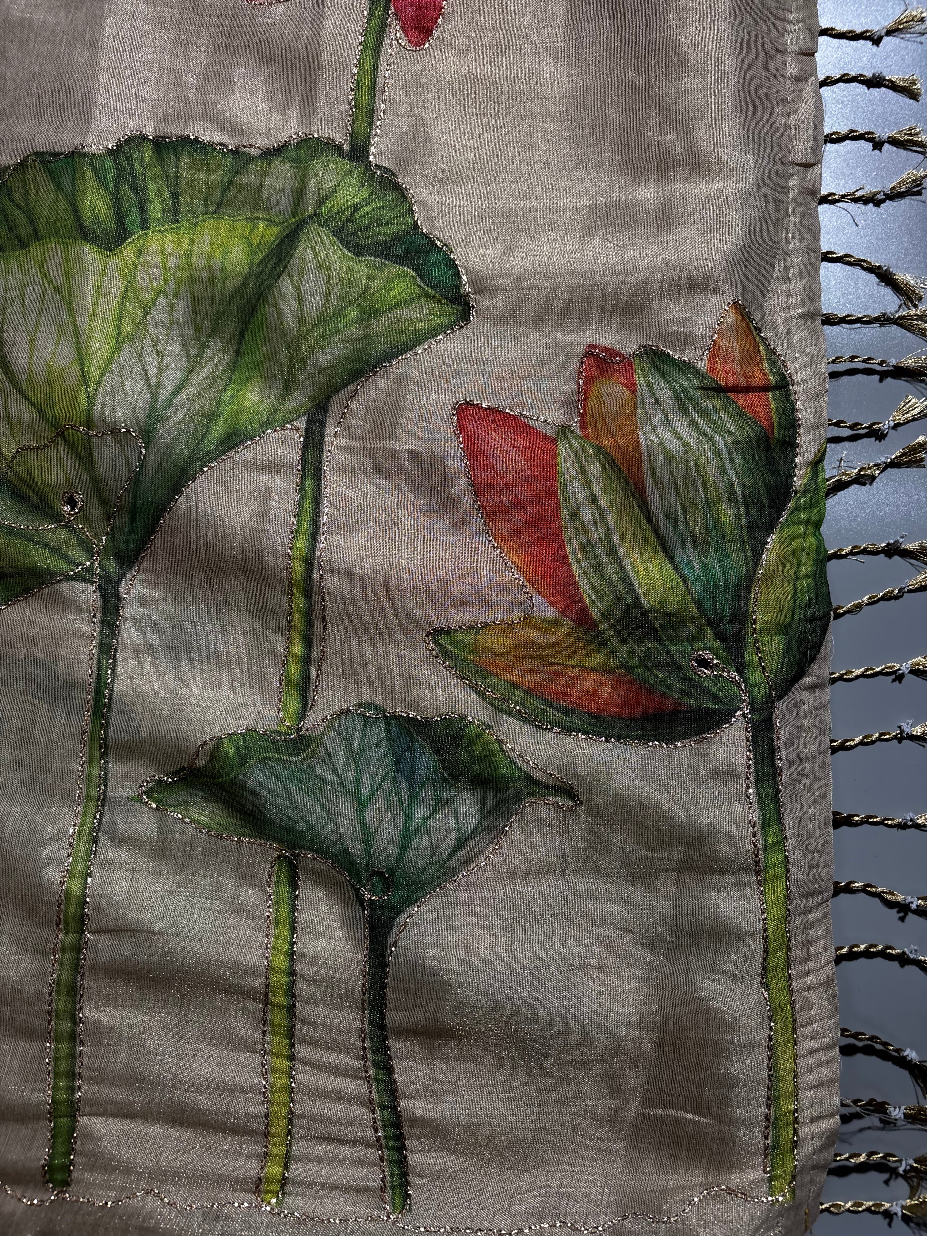 Gratifying Festive Wear Tissue Silk Kalamkari Print Embroidery Work Designer Saree With Blouse Piece