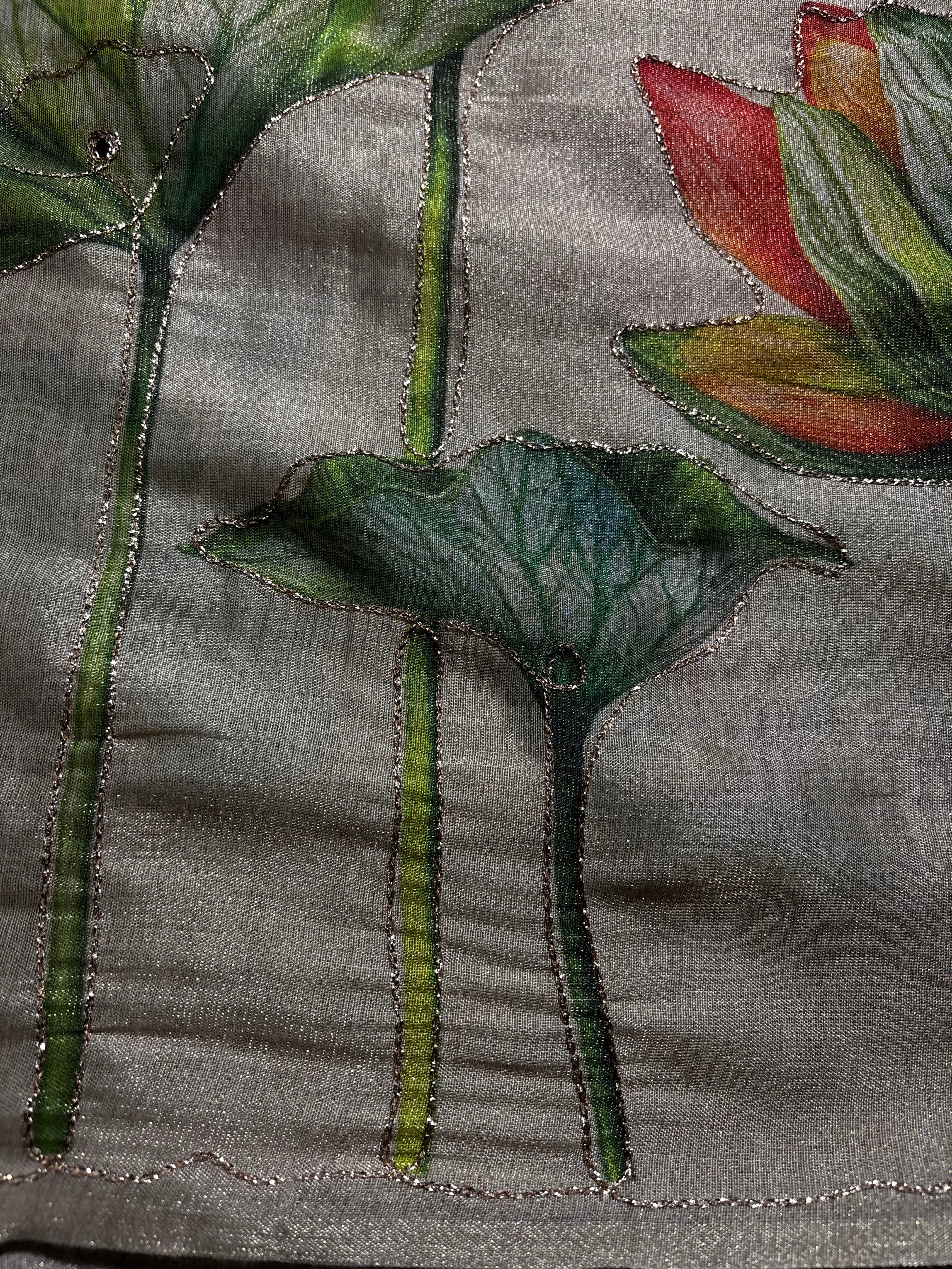 Gratifying Festive Wear Tissue Silk Kalamkari Print Embroidery Work Designer Saree With Blouse Piece