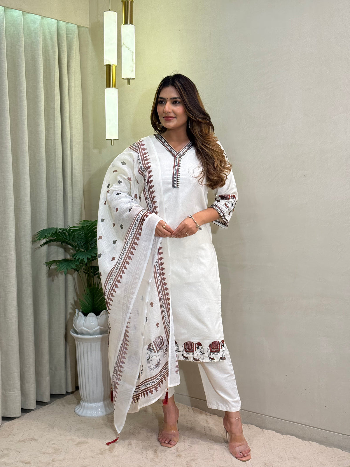 Ravishing Wedding Wear Cotton Embroidery Work Designer Straight Kurta With Trouser n Dupatta Set
