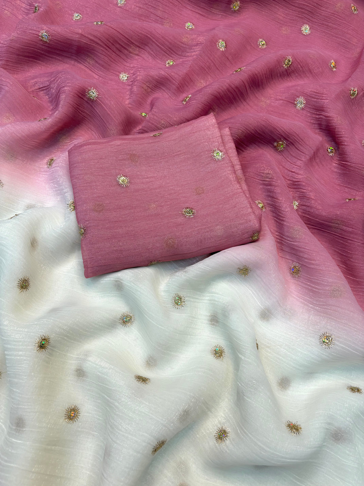 Prettiest Double Shaded Crunchy Chiffon Crush Silk Embroidery Work Partywear Saree With Contrast Blouse