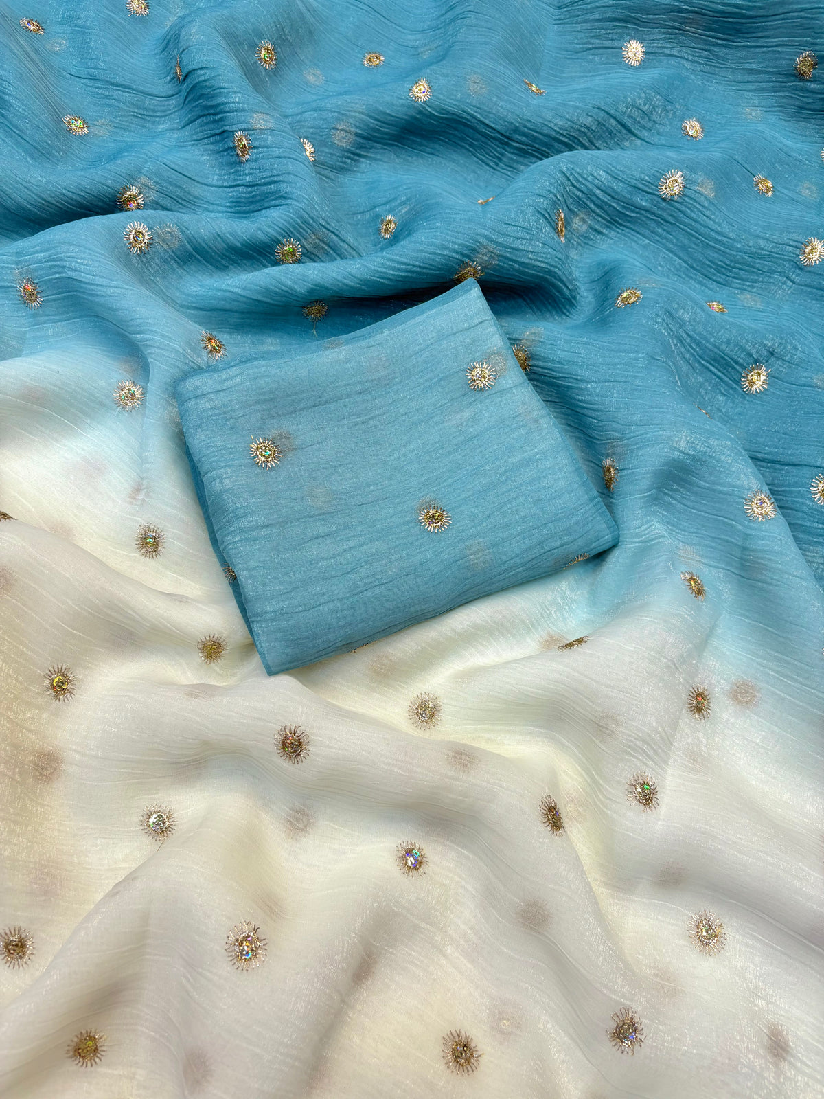 Prettiest Double Shaded Crunchy Chiffon Crush Silk Embroidery Work Partywear Saree With Contrast Blouse
