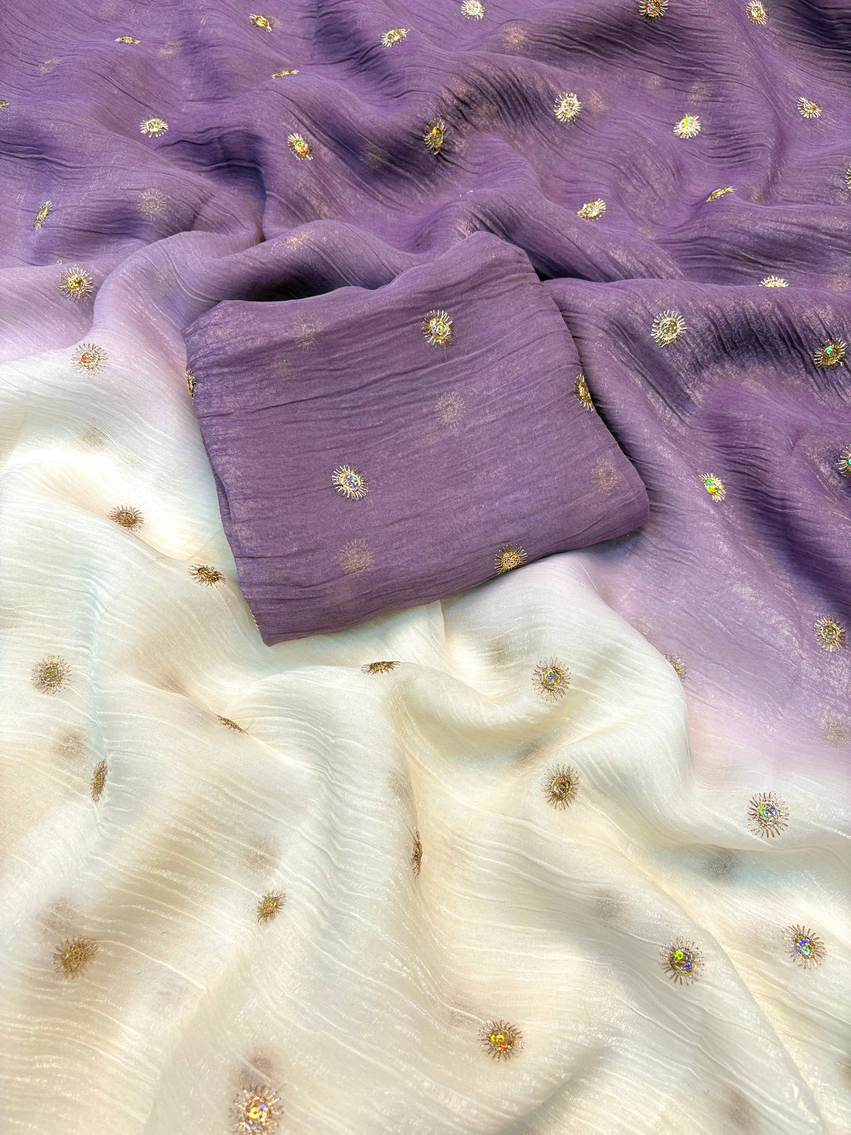 Prettiest Double Shaded Crunchy Chiffon Crush Silk Embroidery Work Partywear Saree With Contrast Blouse