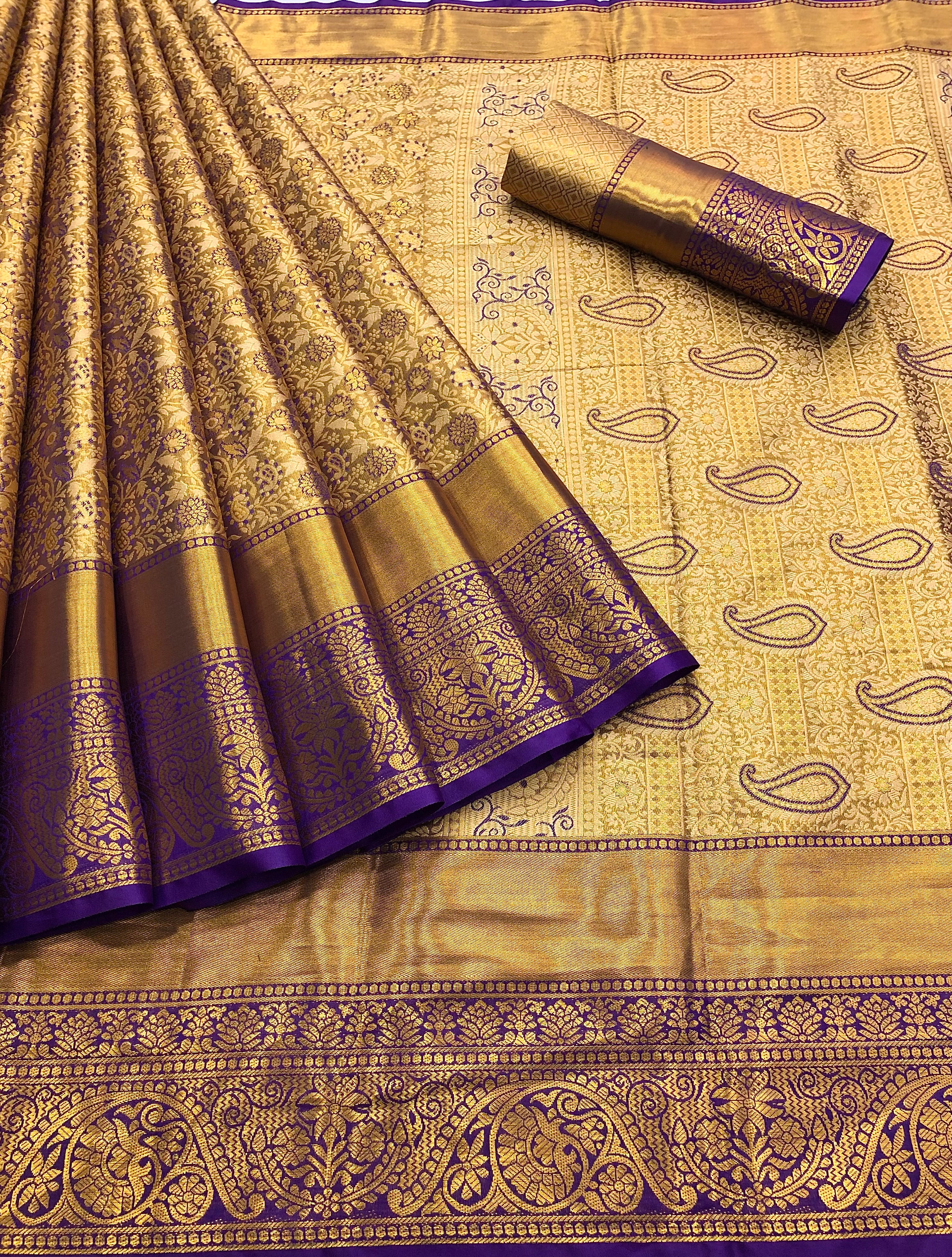Wedding Wear Purple Color Kanjivaram Silk Pure Zari Weaving with Beautiful Meena Weaving Saree