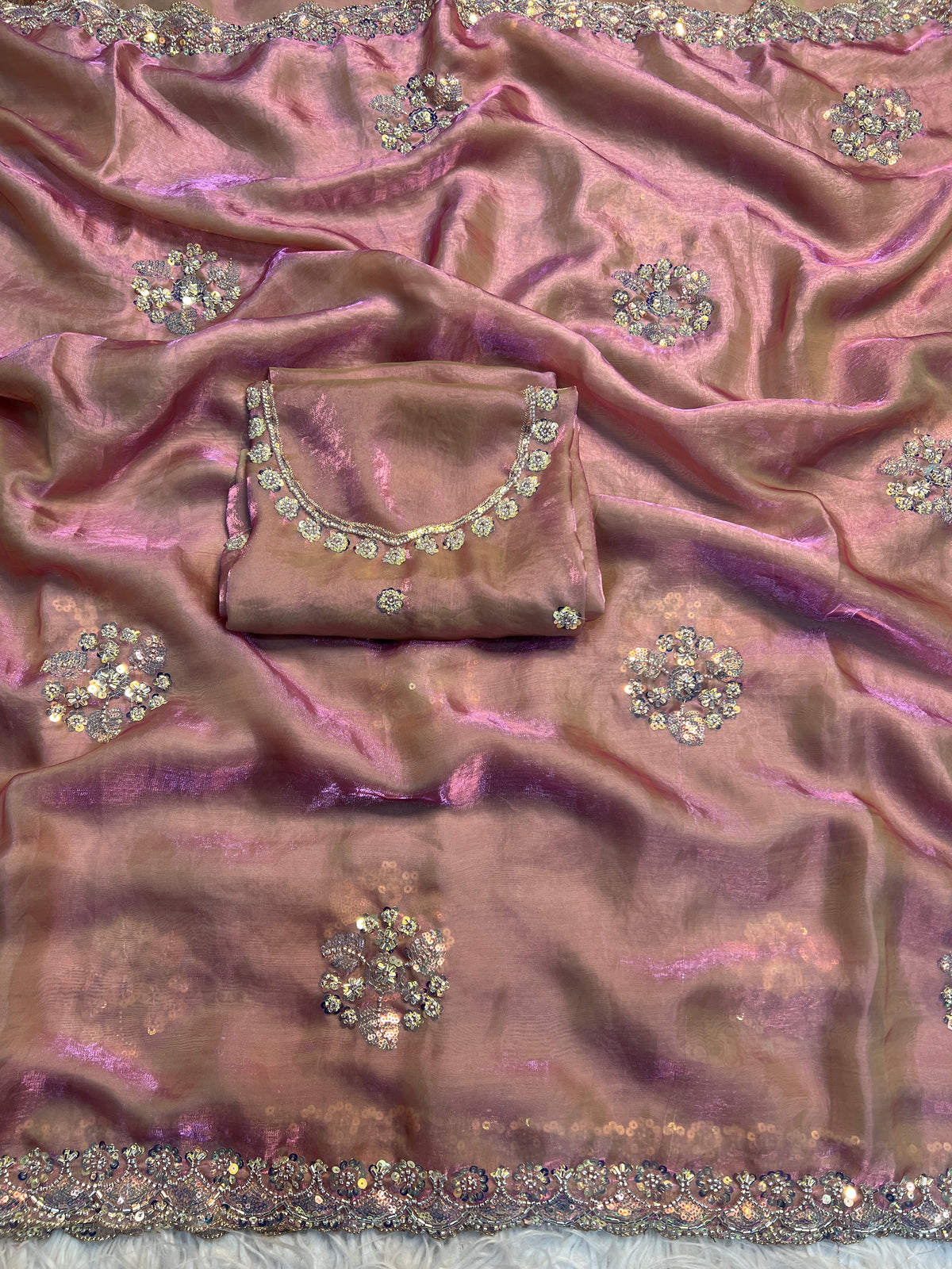 Incredible Party Wear Soft Silk Sequence n Handwork Designer Saree With Contrast Blouse Piece