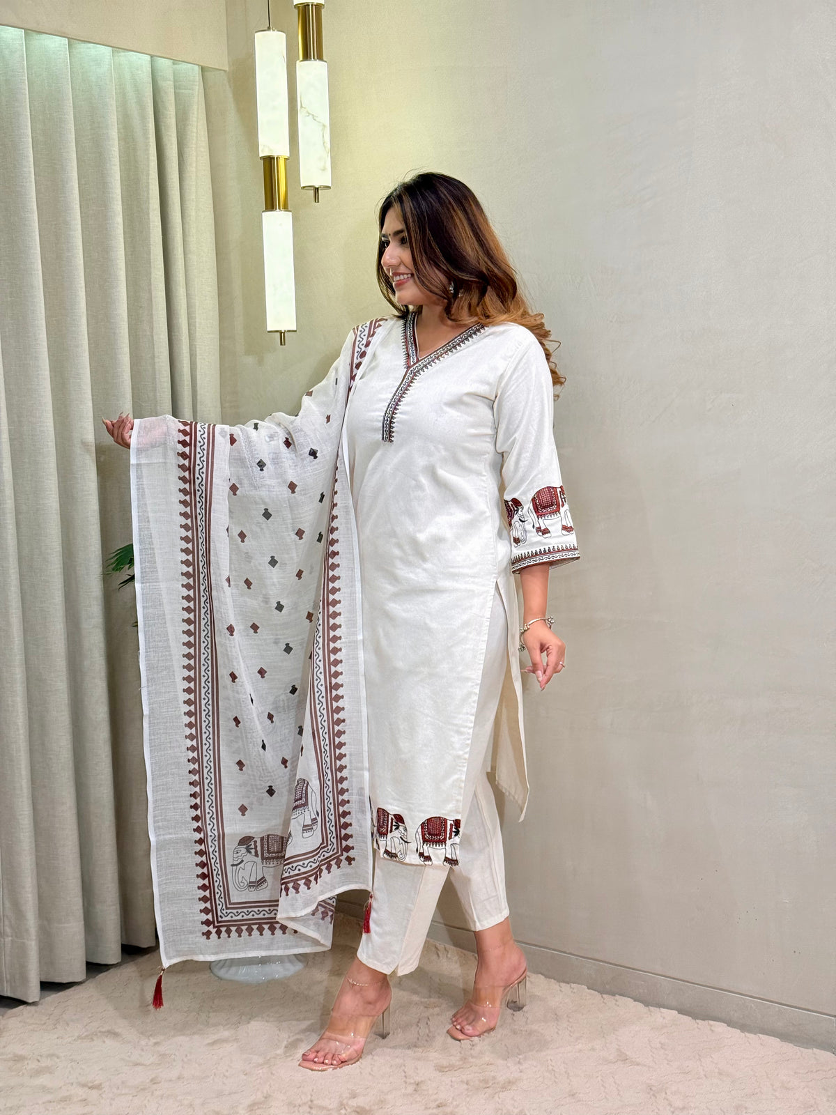 Ravishing Wedding Wear Cotton Embroidery Work Designer Straight Kurta With Trouser n Dupatta Set