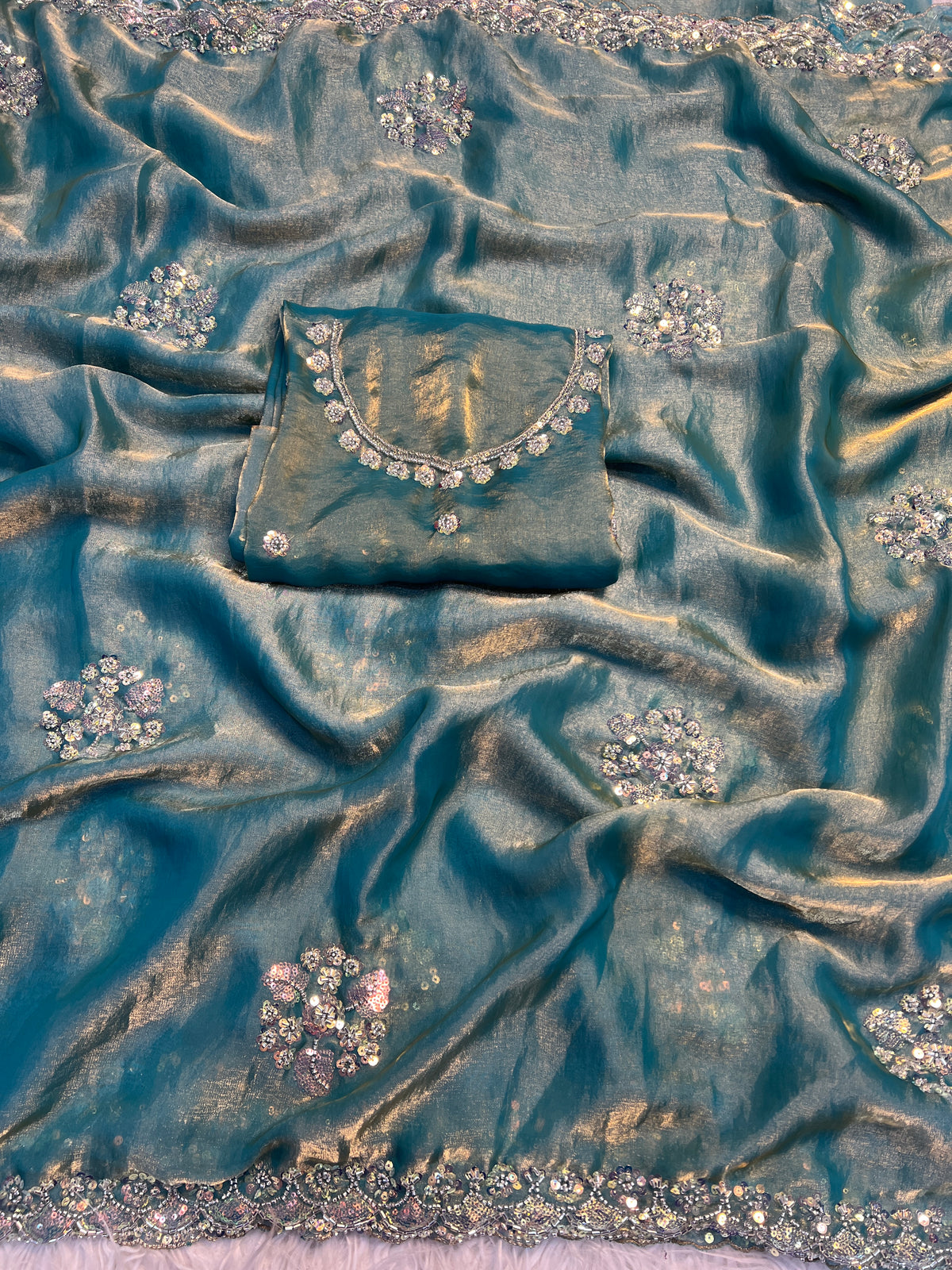 Incredible Party Wear Soft Silk Sequence n Handwork Designer Saree With Contrast Blouse Piece