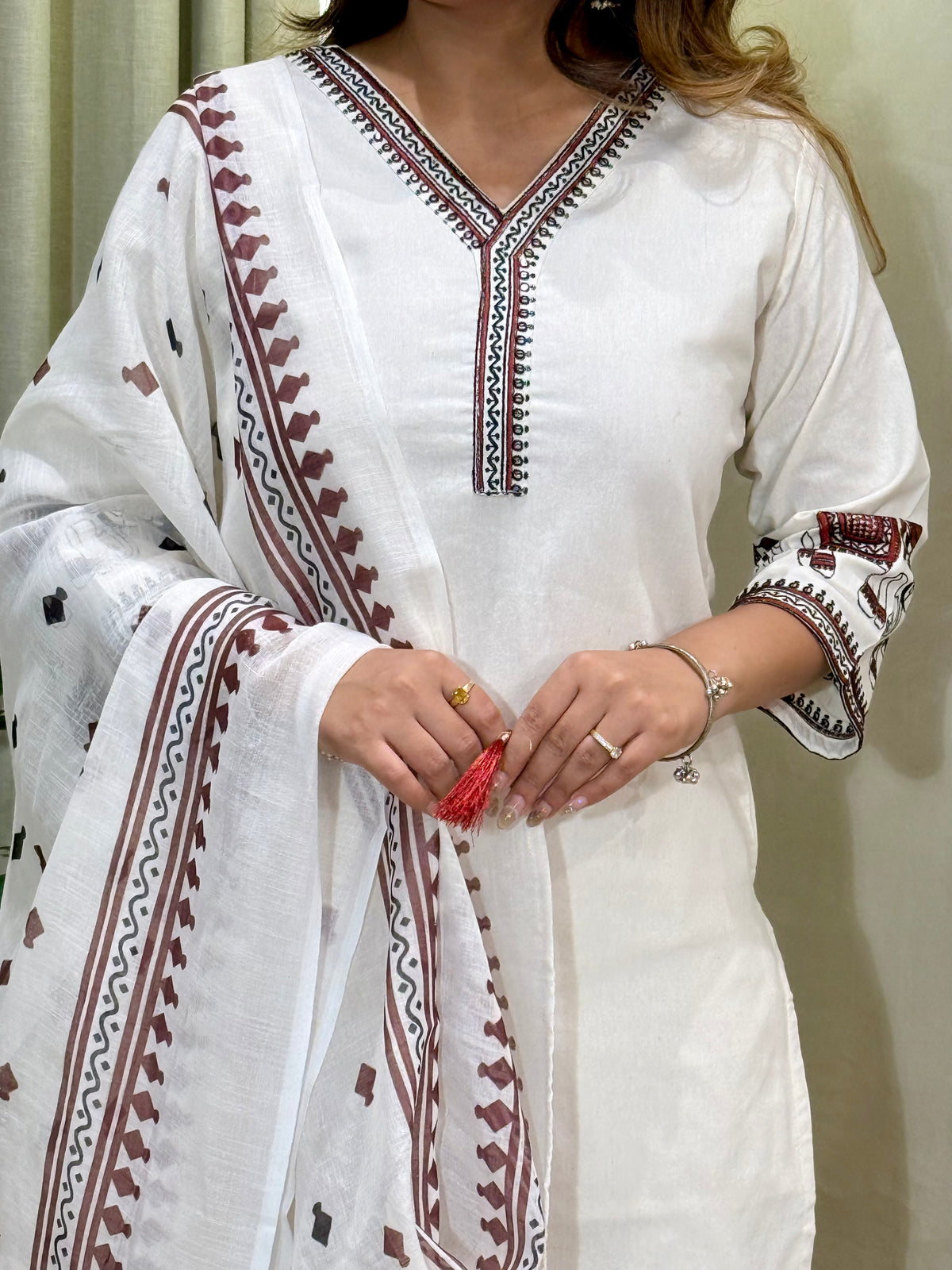 Ravishing Wedding Wear Cotton Embroidery Work Designer Straight Kurta With Trouser n Dupatta Set