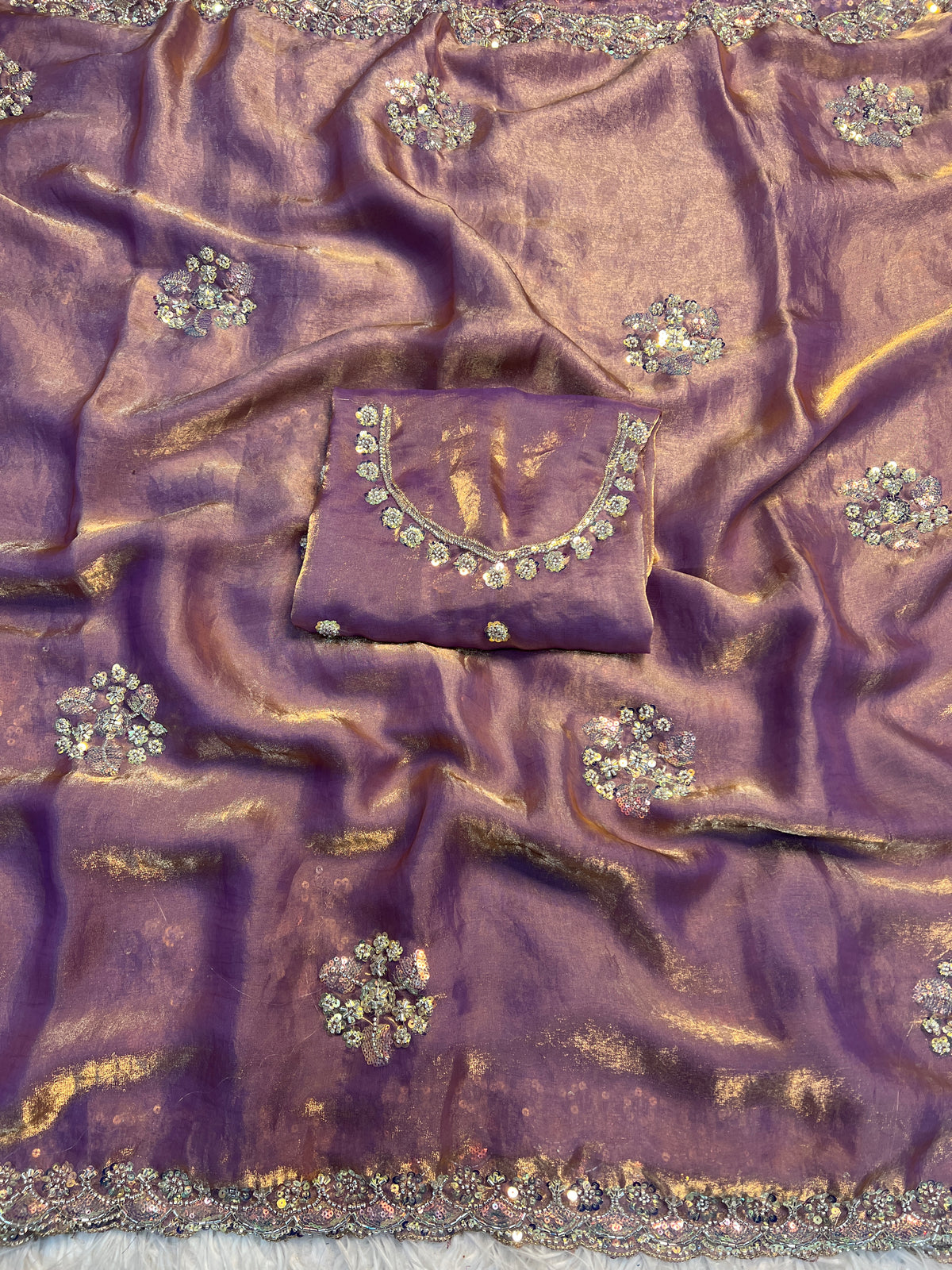 Incredible Party Wear Soft Silk Sequence n Handwork Designer Saree With Contrast Blouse Piece