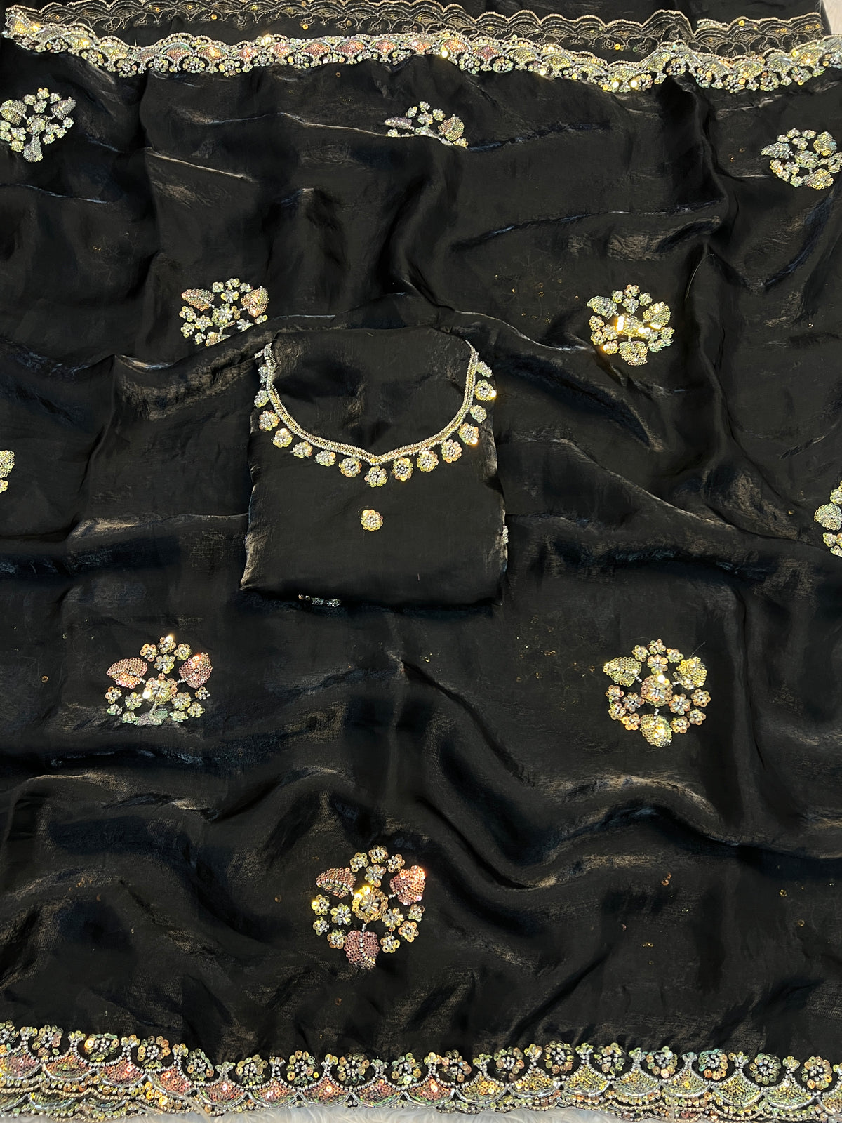 Incredible Party Wear Soft Silk Sequence n Handwork Designer Saree With Contrast Blouse Piece