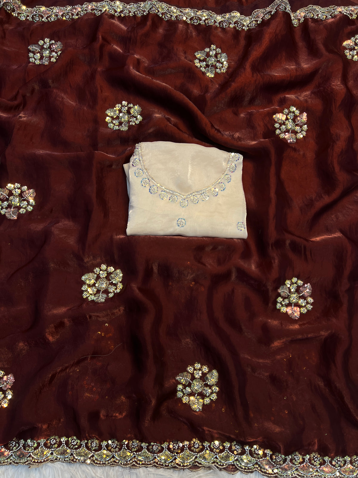 Incredible Party Wear Soft Silk Sequence n Handwork Designer Saree With Contrast Blouse Piece