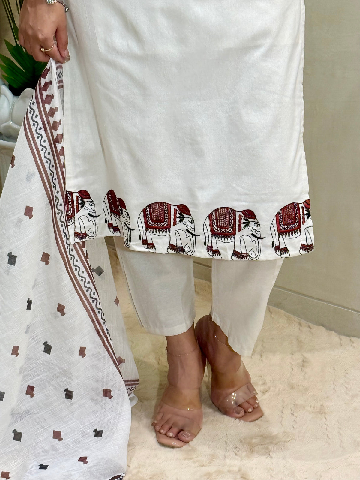 Ravishing Wedding Wear Cotton Embroidery Work Designer Straight Kurta With Trouser n Dupatta Set