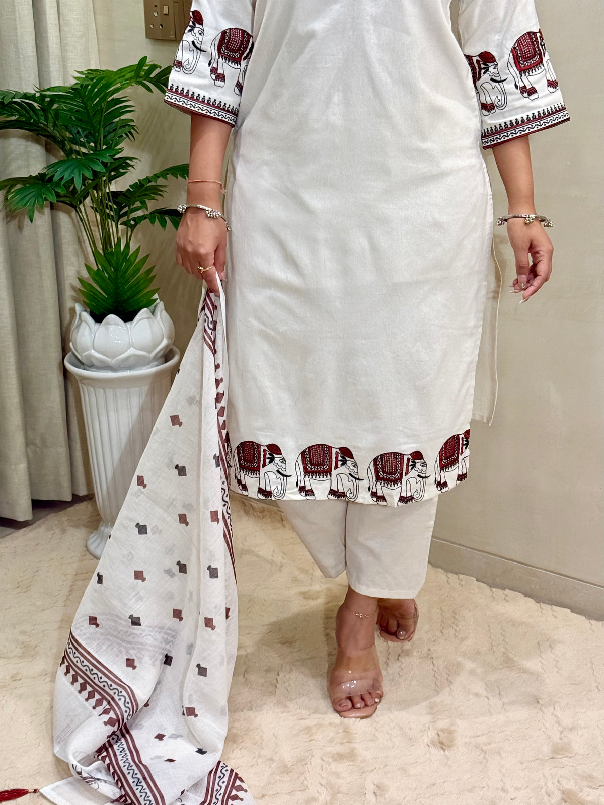 Ravishing Wedding Wear Cotton Embroidery Work Designer Straight Kurta With Trouser n Dupatta Set
