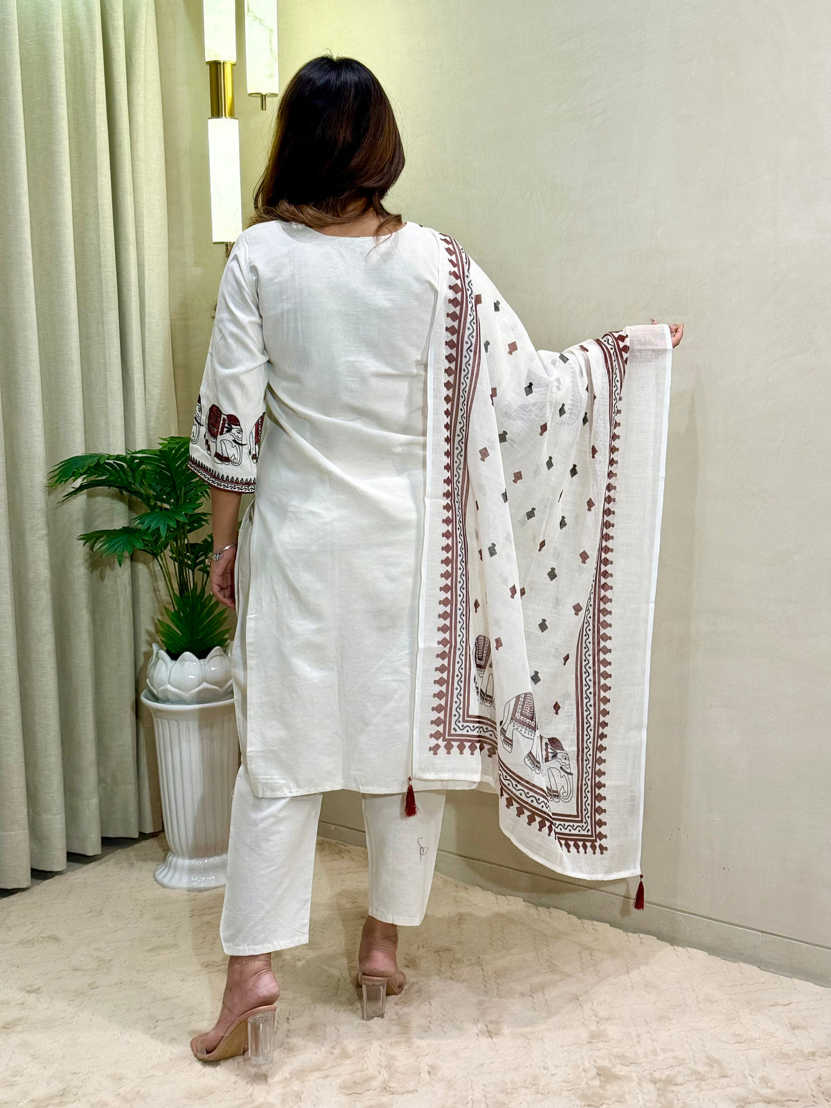 Ravishing Wedding Wear Cotton Embroidery Work Designer Straight Kurta With Trouser n Dupatta Set