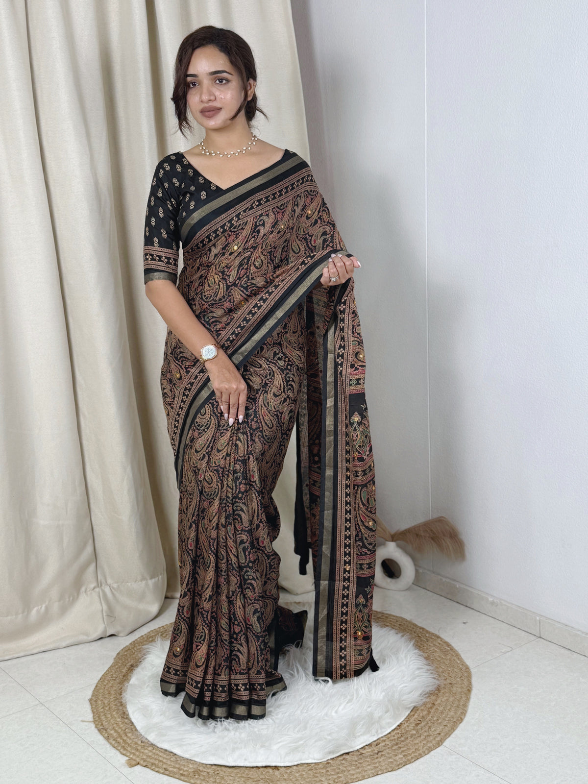 Unequalled Pure Mul Cotton Ajrakh Print With Mirror Work Fancy Designer Saree With Bucolic Blouse Piece