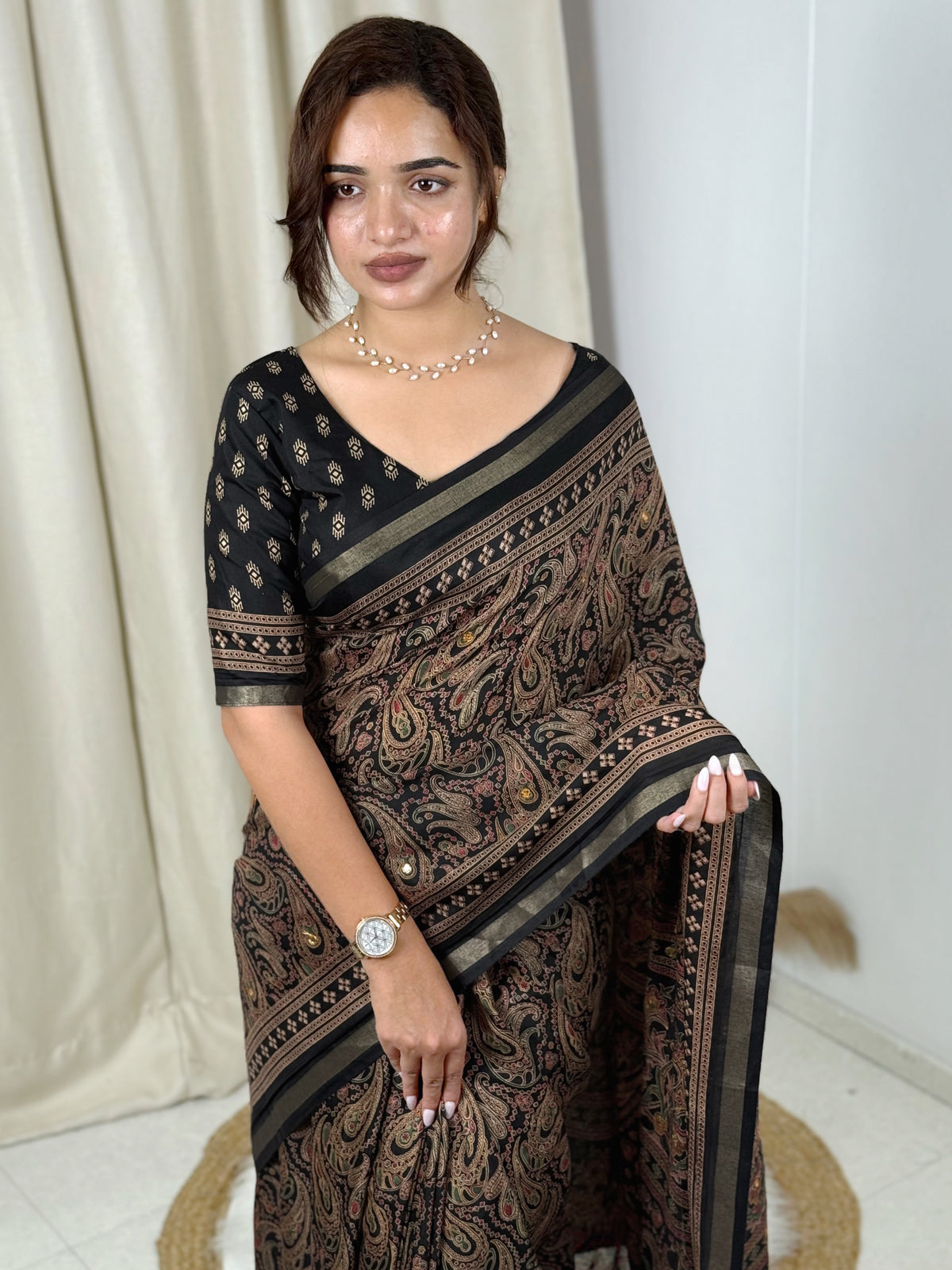 Unequalled Pure Mul Cotton Ajrakh Print With Mirror Work Fancy Designer Saree With Bucolic Blouse Piece