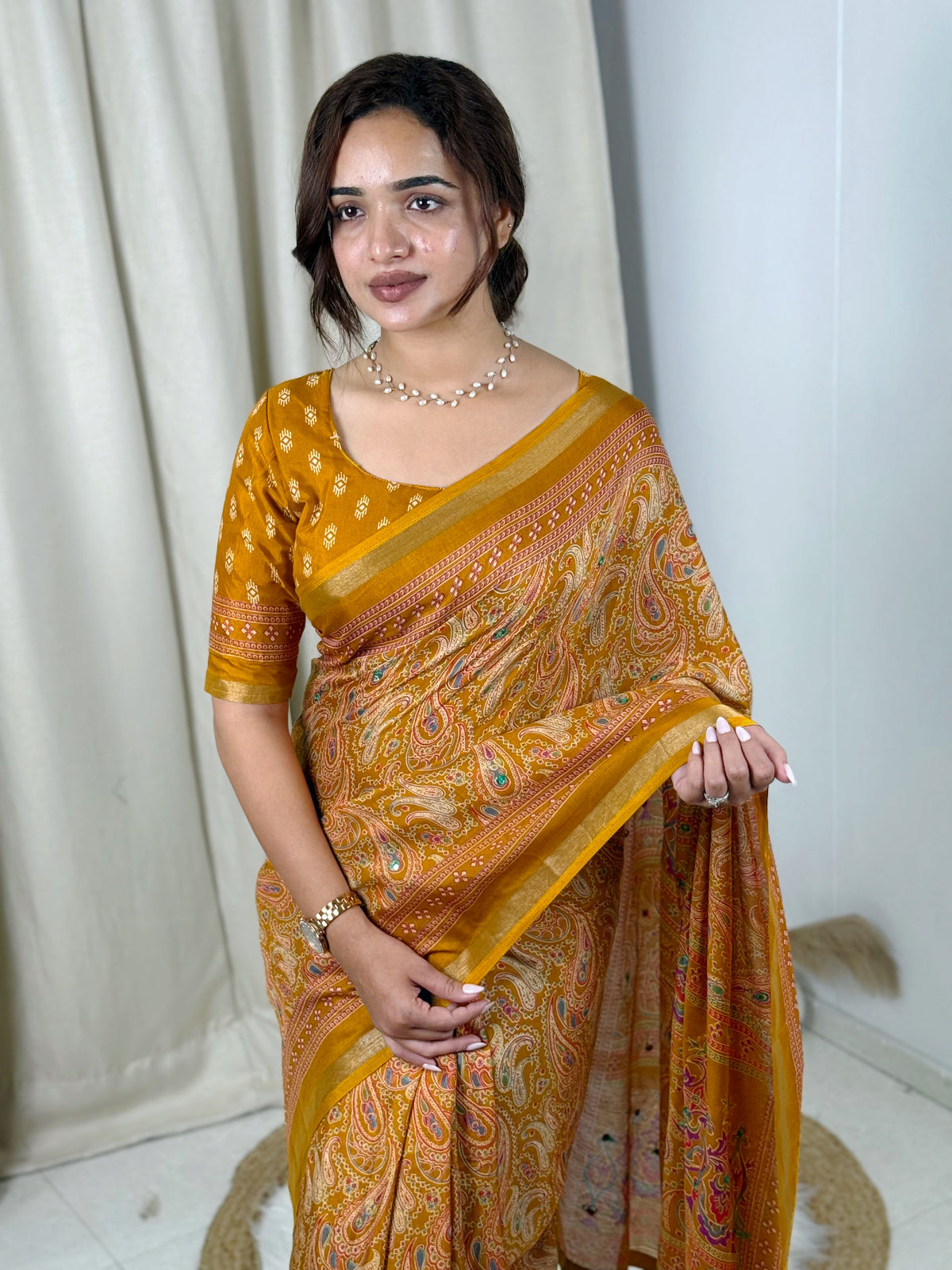 Unequalled Pure Mul Cotton Ajrakh Print With Mirror Work Fancy Designer Saree With Bucolic Blouse Piece