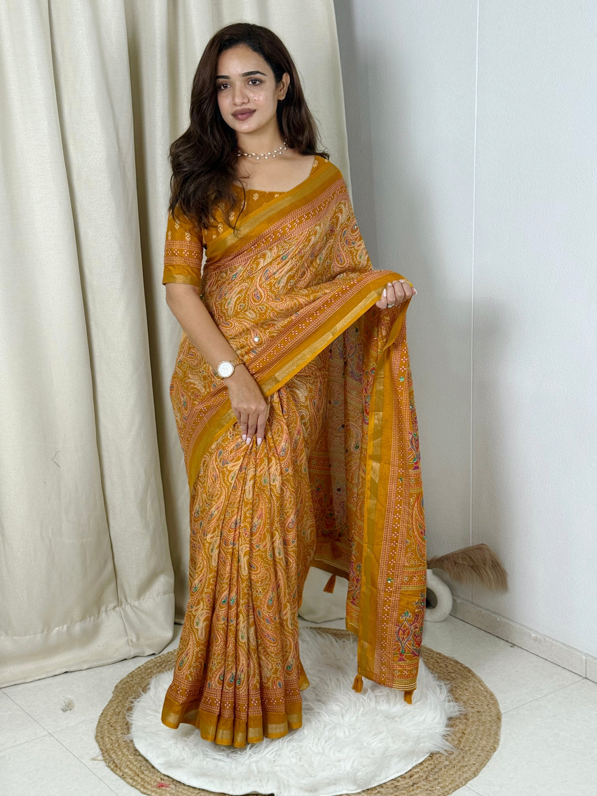 Unequalled Pure Mul Cotton Ajrakh Print With Mirror Work Fancy Designer Saree With Bucolic Blouse Piece