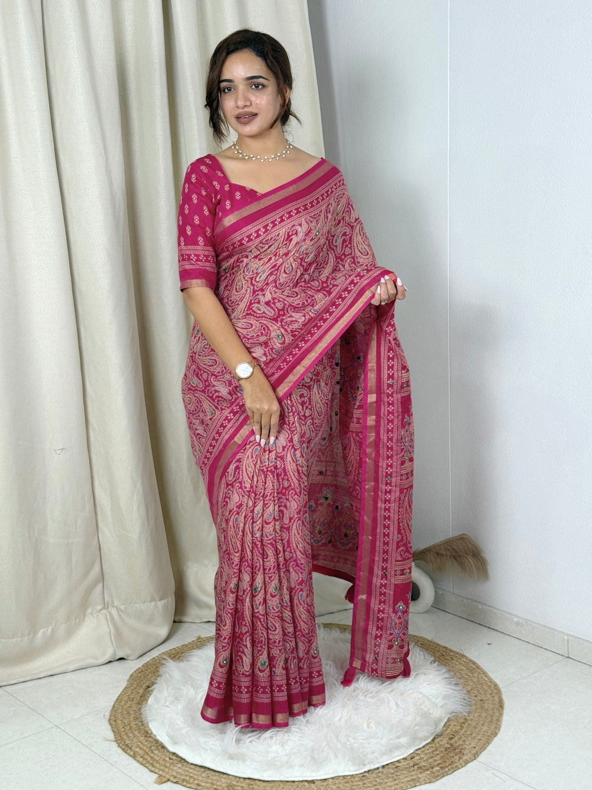 Unequalled Pure Mul Cotton Ajrakh Print With Mirror Work Fancy Designer Saree With Bucolic Blouse Piece