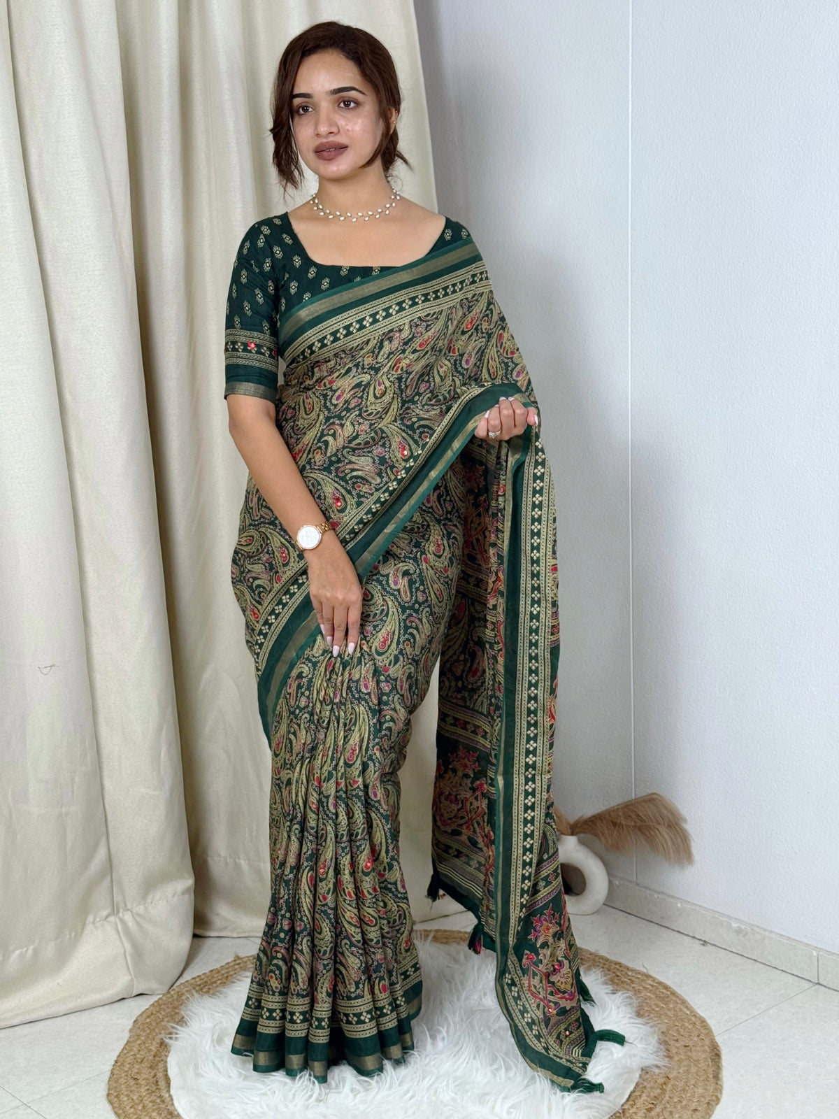 Unequalled Pure Mul Cotton Ajrakh Print With Mirror Work Fancy Designer Saree With Bucolic Blouse Piece