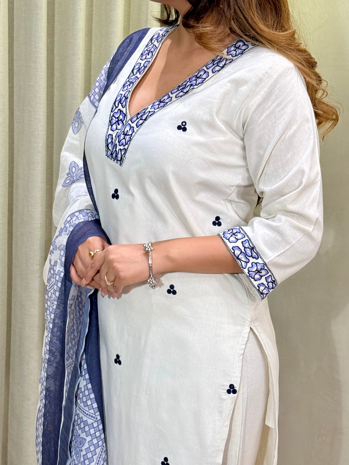 Scrupulous Festive Wear Cotton Embroidery Work Designer Straight Kurta With Trouser Dupatta Set