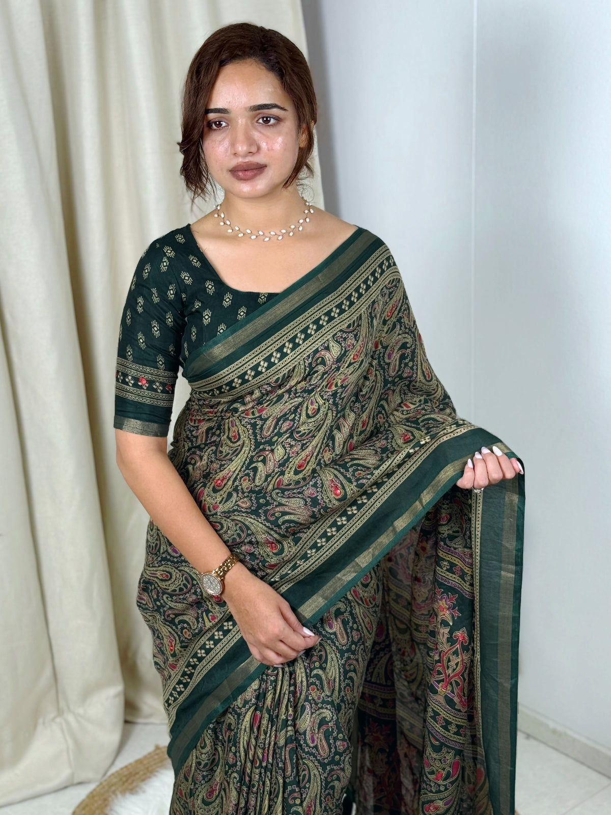 Unequalled Pure Mul Cotton Ajrakh Print With Mirror Work Fancy Designer Saree With Bucolic Blouse Piece