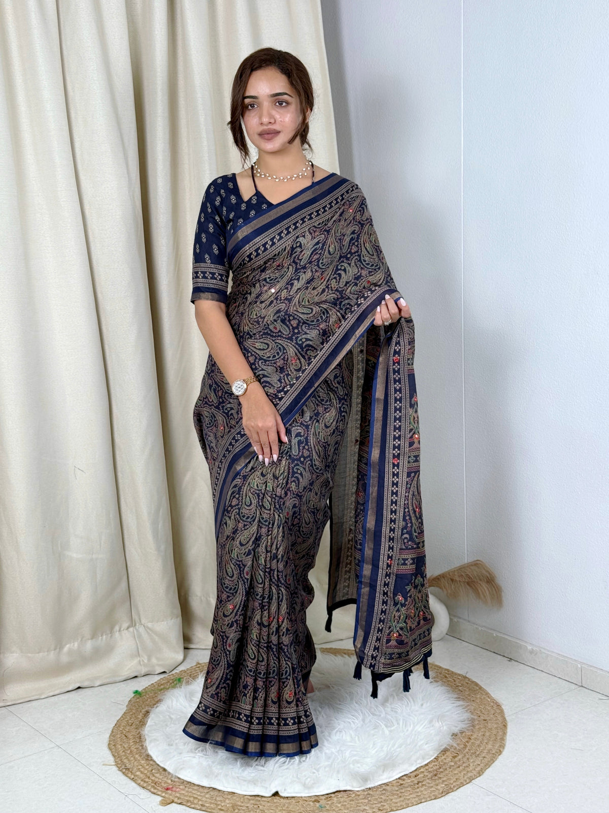 Unequalled Pure Mul Cotton Ajrakh Print With Mirror Work Fancy Designer Saree With Bucolic Blouse Piece