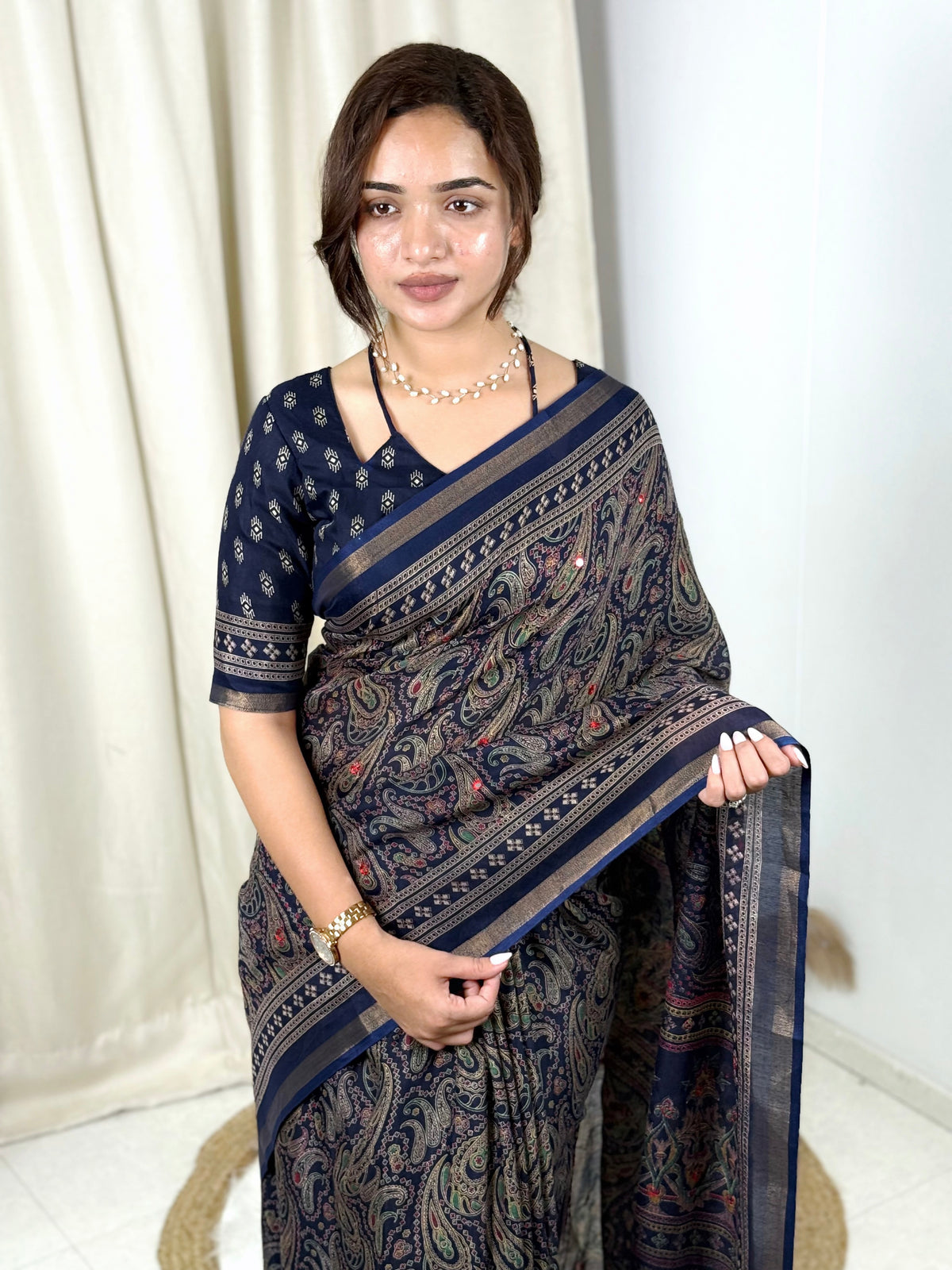 Unequalled Pure Mul Cotton Ajrakh Print With Mirror Work Fancy Designer Saree With Bucolic Blouse Piece
