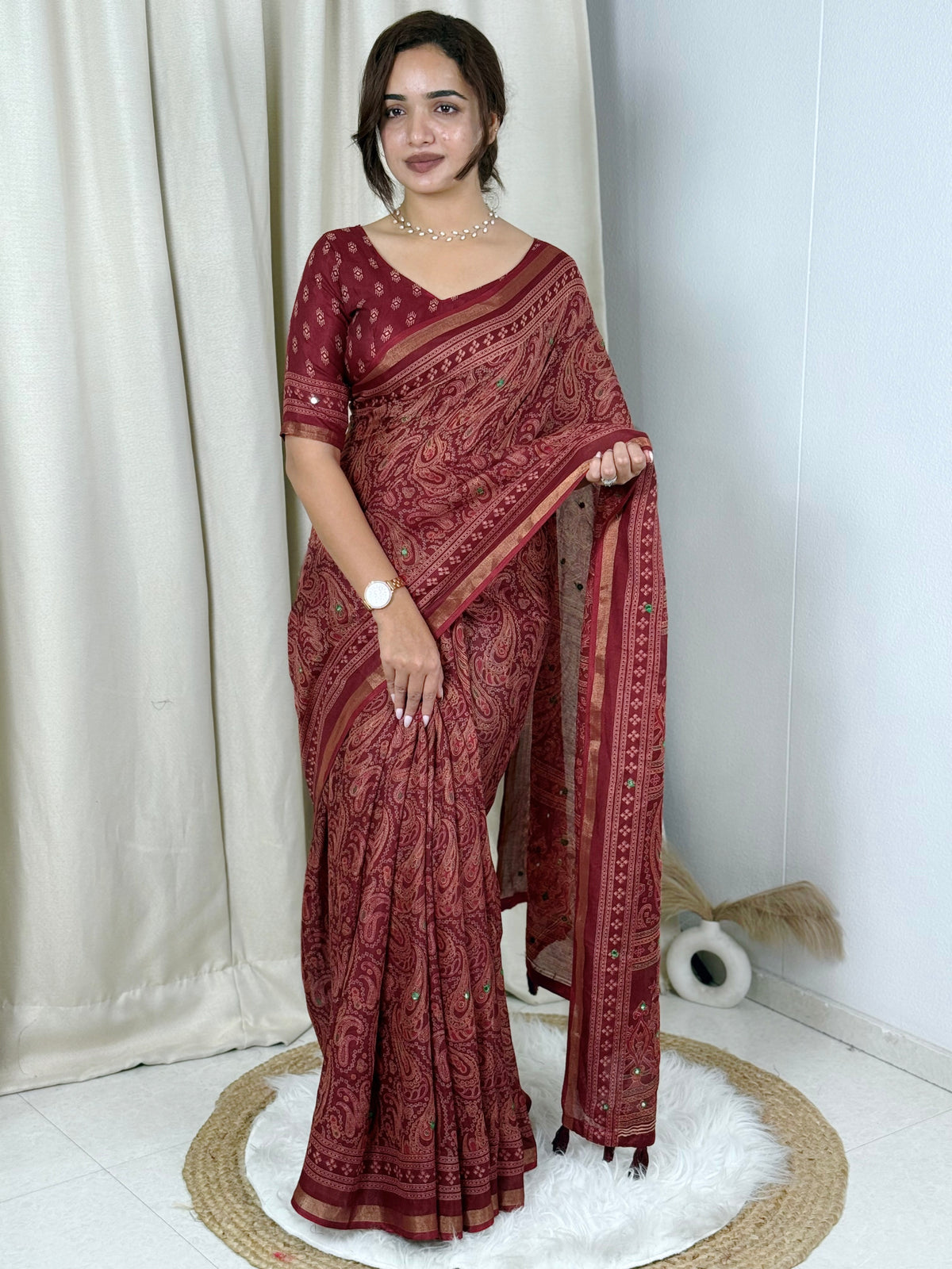 Unequalled Pure Mul Cotton Ajrakh Print With Mirror Work Fancy Designer Saree With Bucolic Blouse Piece
