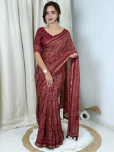Load image into Gallery viewer, Unequalled Pure Mul Cotton Ajrakh Print With Mirror Work Fancy Designer Saree With Bucolic Blouse Piece
