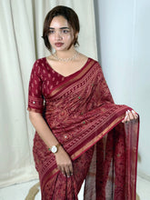 Load image into Gallery viewer, Unequalled Pure Mul Cotton Ajrakh Print With Mirror Work Fancy Designer Saree With Bucolic Blouse Piece
