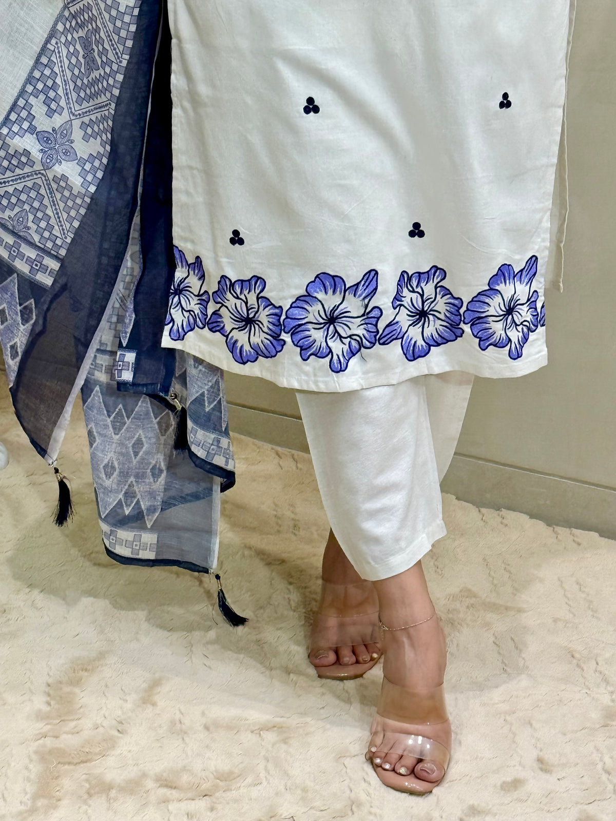 Scrupulous Festive Wear Cotton Embroidery Work Designer Straight Kurta With Trouser Dupatta Set