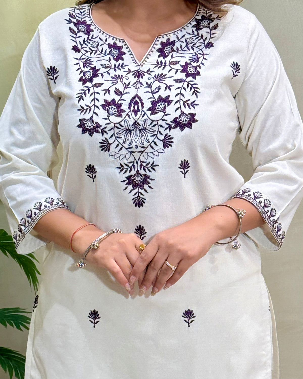 Charming Festive Wear  Cotton Embroidery Work Designer Straight Kurta With Trouser n Dupatta Set