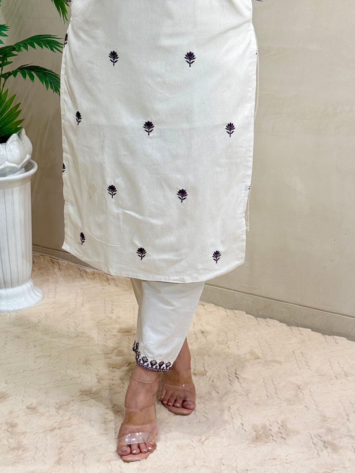 Charming Festive Wear  Cotton Embroidery Work Designer Straight Kurta With Trouser n Dupatta Set