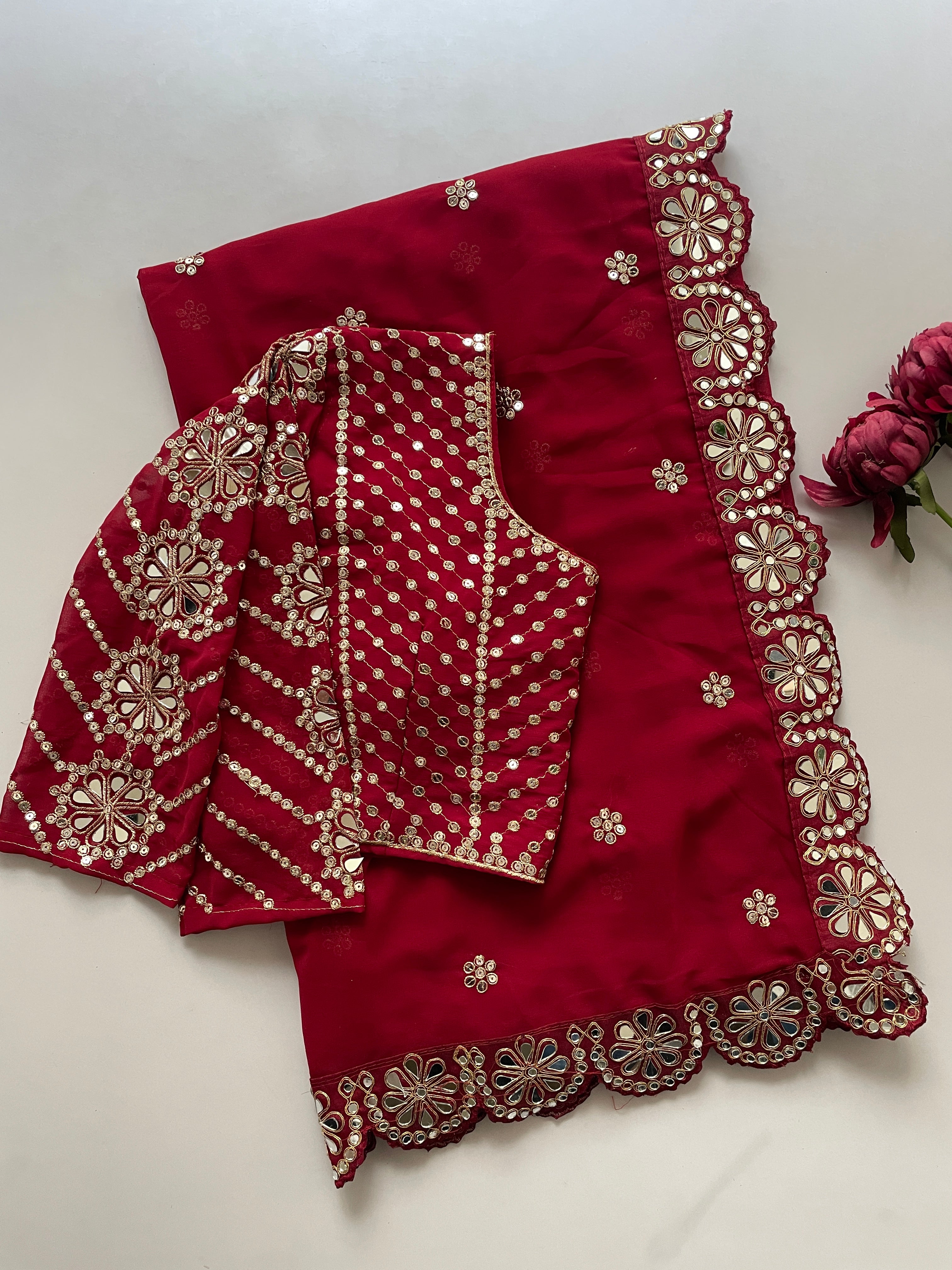 Blossom Party Wear Faux Georgette Sequence Heavy Border n Real Mirror Work Fancy Designer Saree With Unstitched Blouse