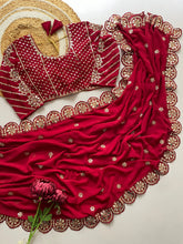 Load image into Gallery viewer, Blossom Party Wear Faux Georgette Sequence Heavy Border n Real Mirror Work Fancy Designer Saree With Unstitched Blouse
