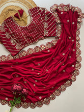Load image into Gallery viewer, Blossom Party Wear Faux Georgette Sequence Heavy Border n Real Mirror Work Fancy Designer Saree With Unstitched Blouse

