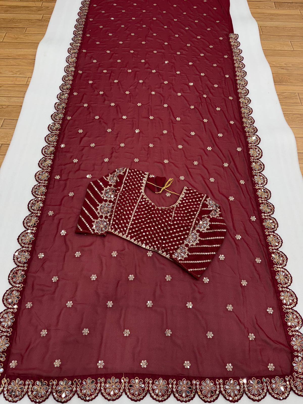 Blossom Party Wear Faux Georgette Sequence Heavy Border n Real Mirror Work Fancy Designer Saree With Unstitched Blouse