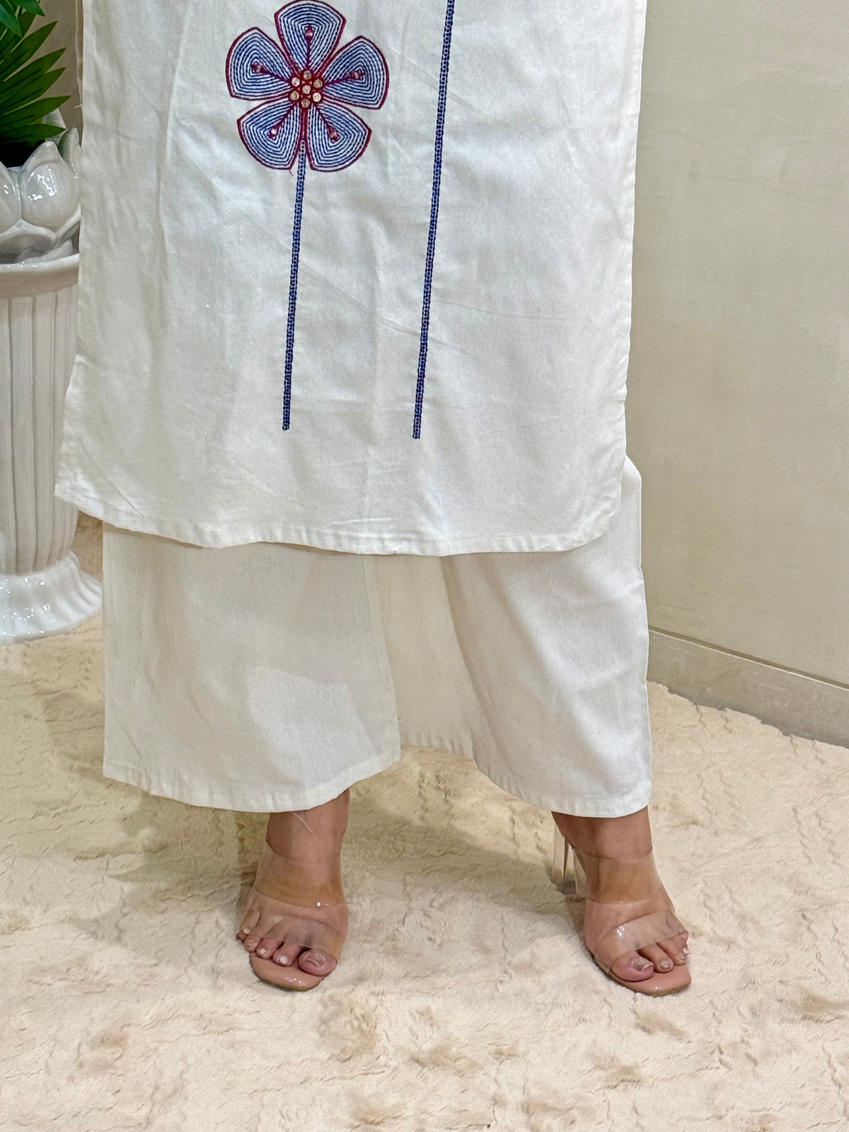 Charismatic Party Wear Cotton  Embroidery n Sequence Work Designer Straight Kurta With Trouser n Dupatta Set