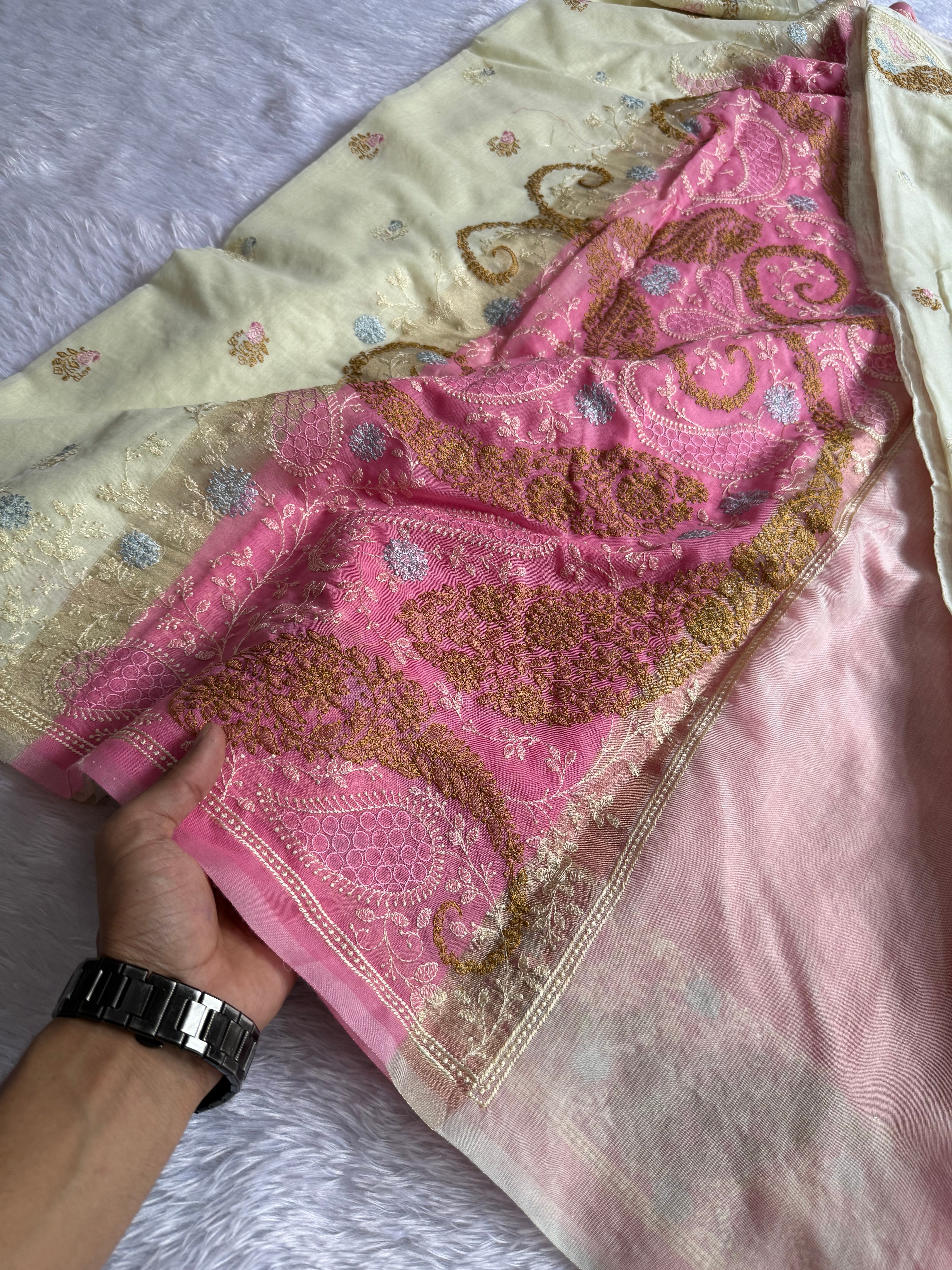 Heritage Function Wear Soft Cotton Embroidery n Floral Butti Work Desginer Saree With Blissful Blouse Piece