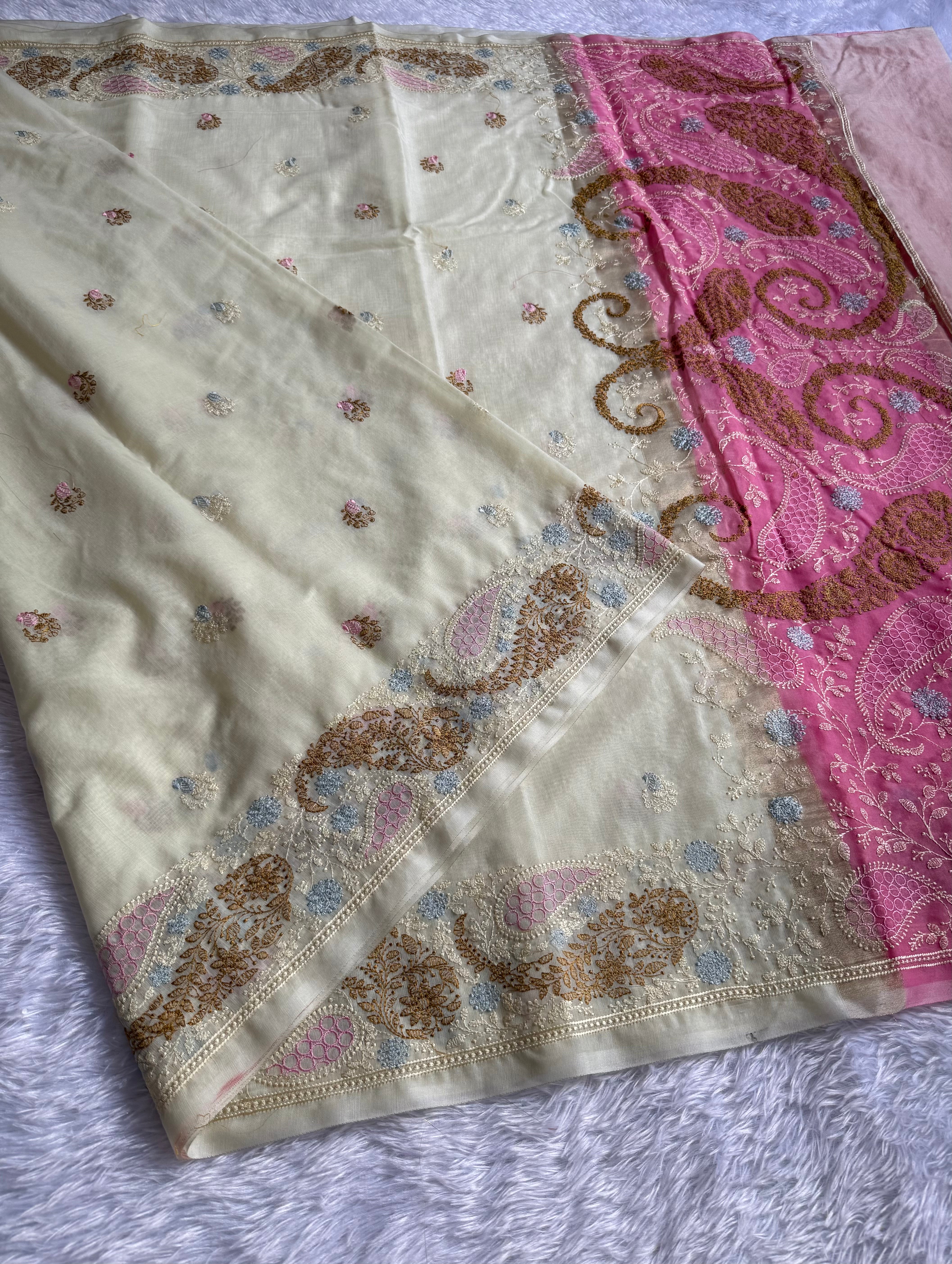 Heritage Function Wear Soft Cotton Embroidery n Floral Butti Work Desginer Saree With Blissful Blouse Piece