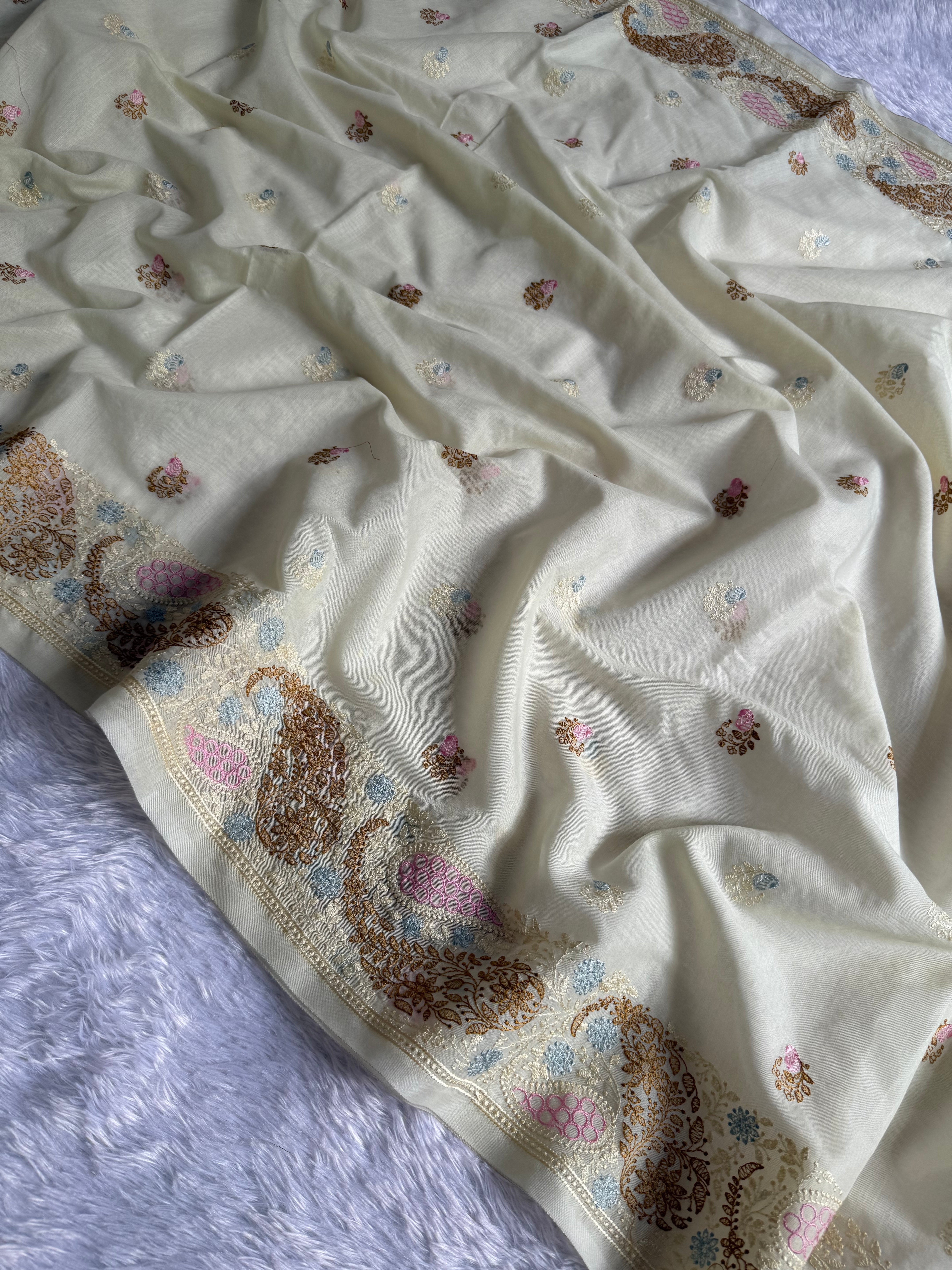 Heritage Function Wear Soft Cotton Embroidery n Floral Butti Work Desginer Saree With Blissful Blouse Piece