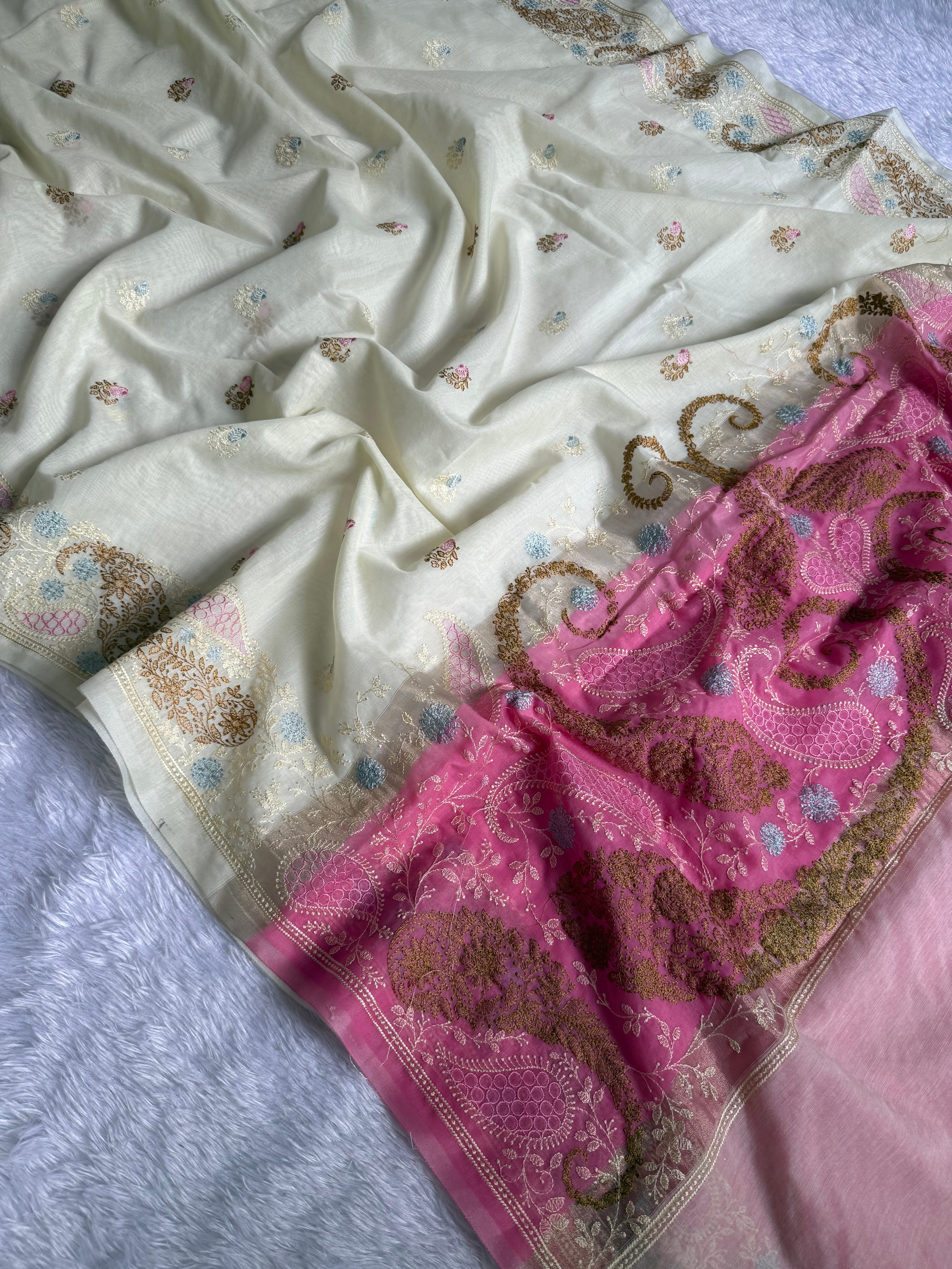 Heritage Function Wear Soft Cotton Embroidery n Floral Butti Work Desginer Saree With Blissful Blouse Piece