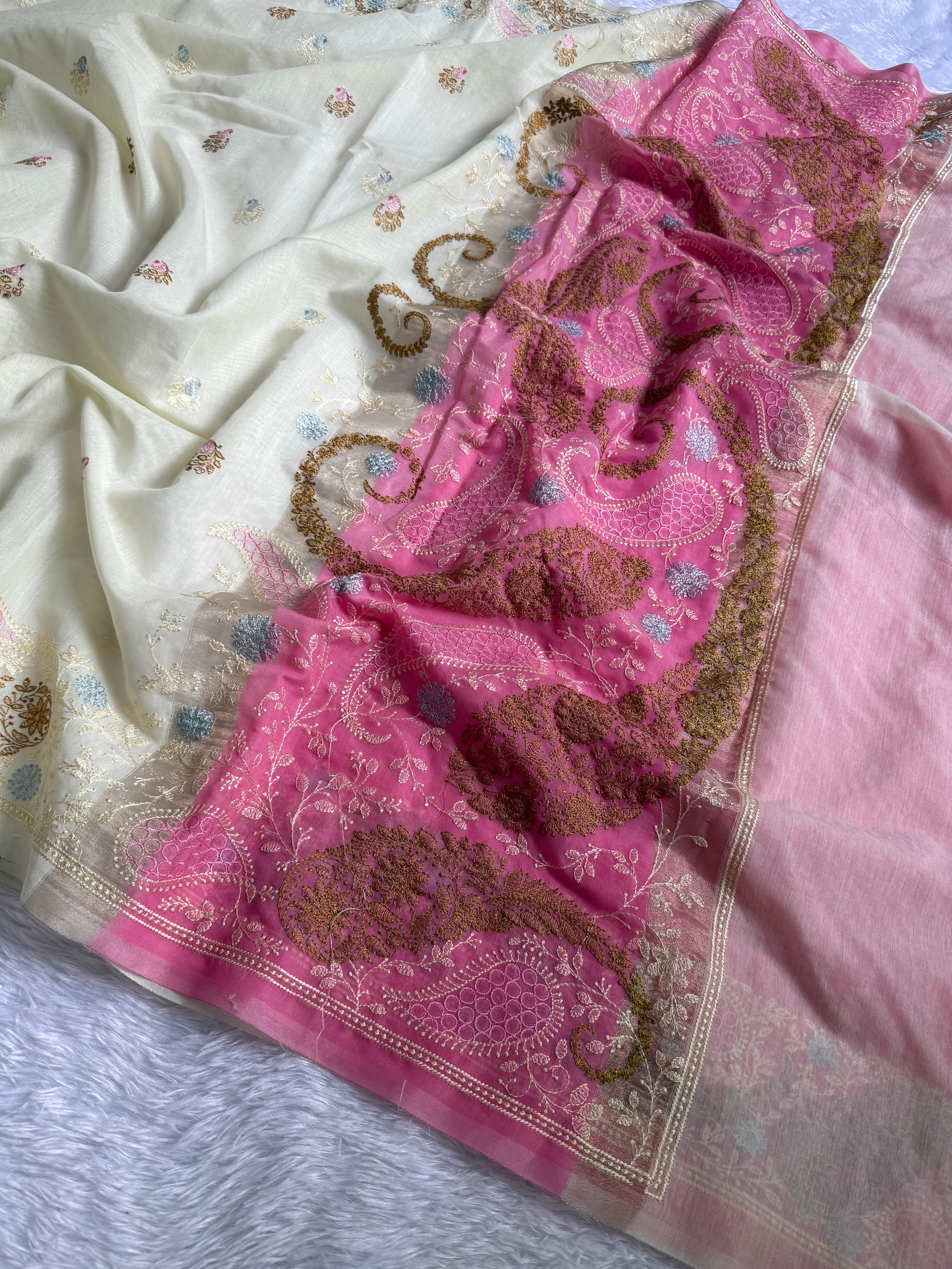 Heritage Function Wear Soft Cotton Embroidery n Floral Butti Work Desginer Saree With Blissful Blouse Piece