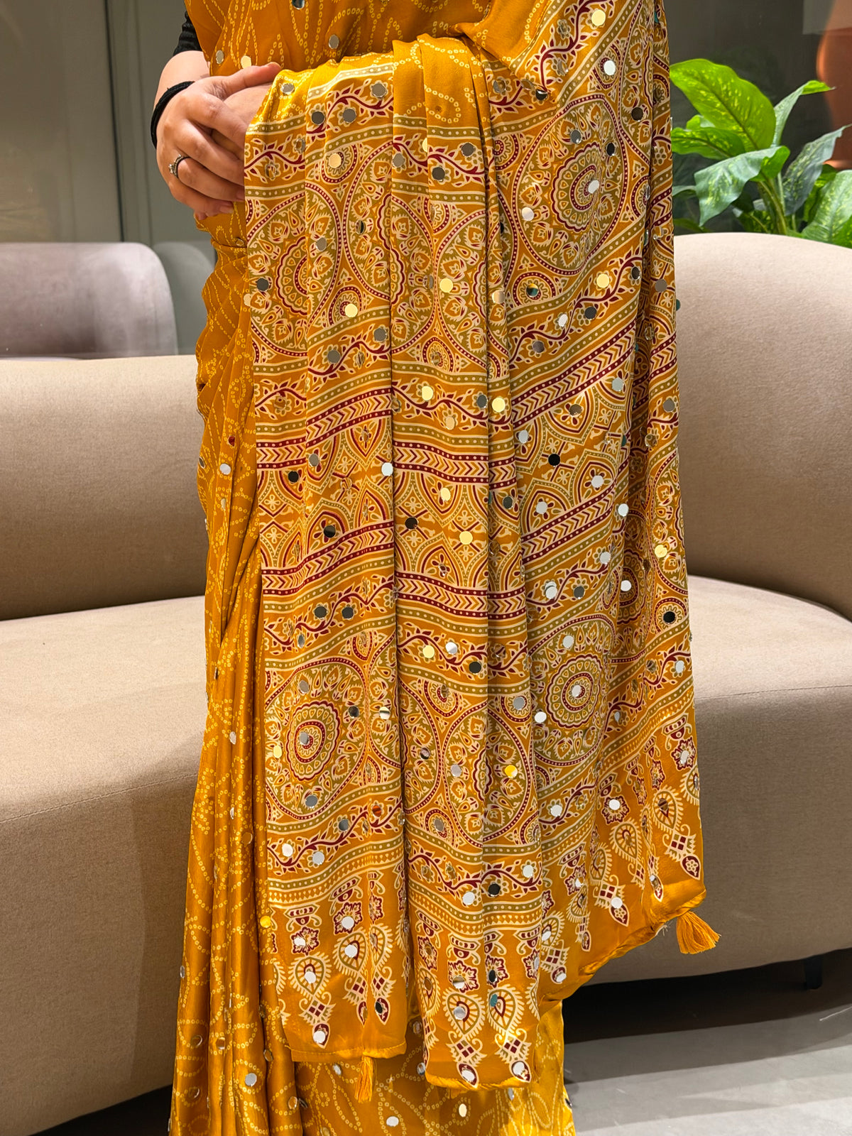 Luxury Party Wear Pure Satin Silk Ajrak Printed Rich Pallu n Original Mirror Work Designer Saree With Blouse Piece