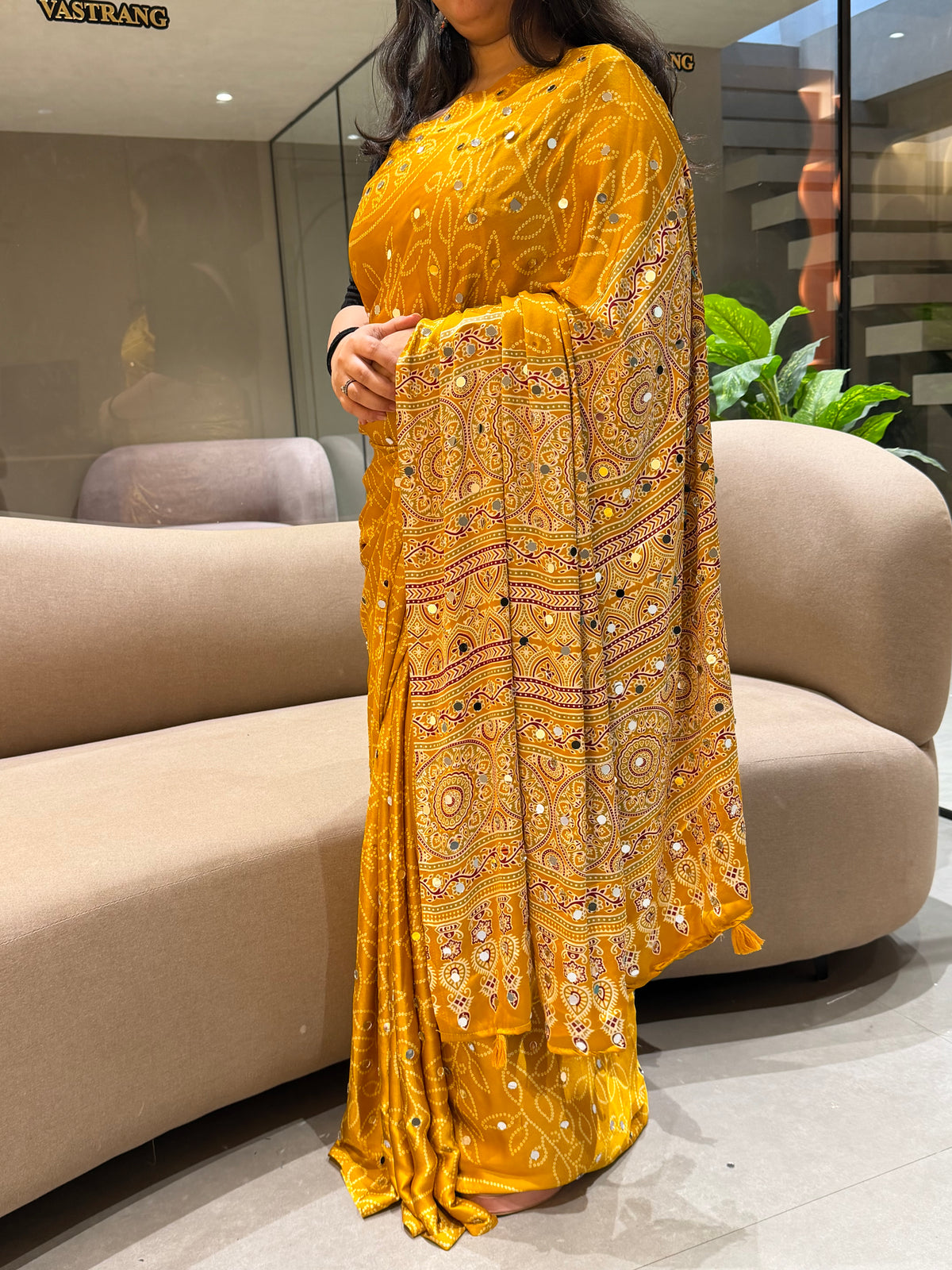 Luxury Party Wear Pure Satin Silk Ajrak Printed Rich Pallu n Original Mirror Work Designer Saree With Blouse Piece