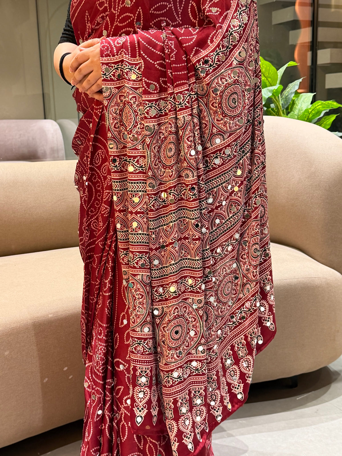 Luxury Party Wear Pure Satin Silk Ajrak Printed Rich Pallu n Original Mirror Work Designer Saree With Blouse Piece